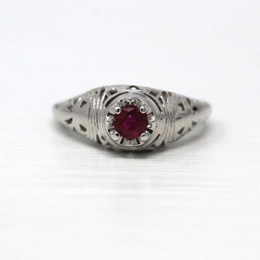 Vintage Ruby Ring - Art Deco Era 18k White Gold Genuine Pink Gemstone - Antique 1930s Size 4 Polished Bow Filigree Fine Engagement Jewelry