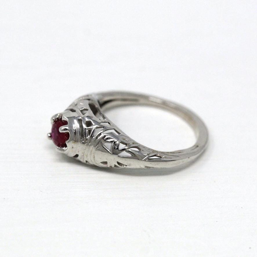 Vintage Ruby Ring - Art Deco Era 18k White Gold Genuine Pink Gemstone - Antique 1930s Size 4 Polished Bow Filigree Fine Engagement Jewelry