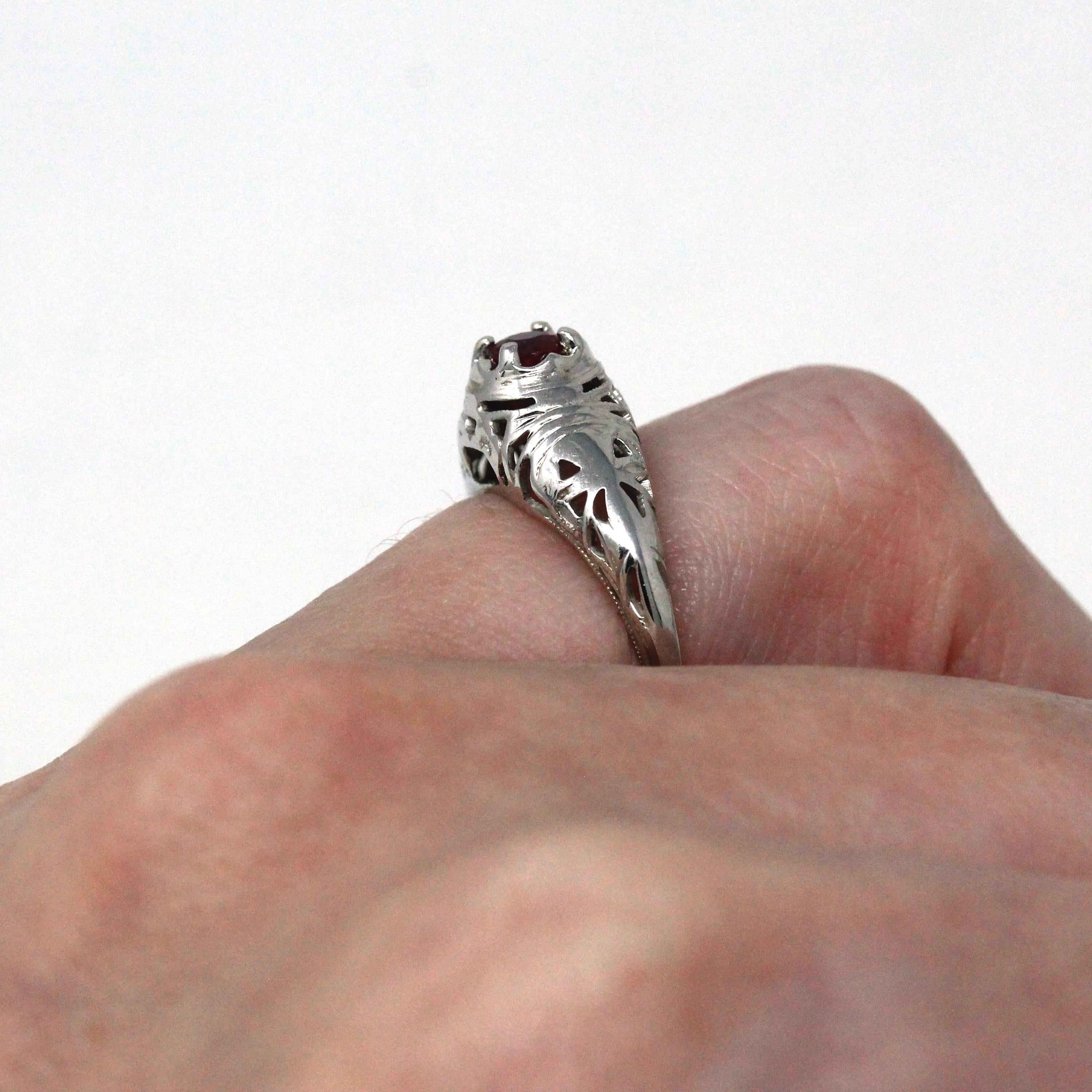 Vintage Ruby Ring - Art Deco Era 18k White Gold Genuine Pink Gemstone - Antique 1930s Size 4 Polished Bow Filigree Fine Engagement Jewelry