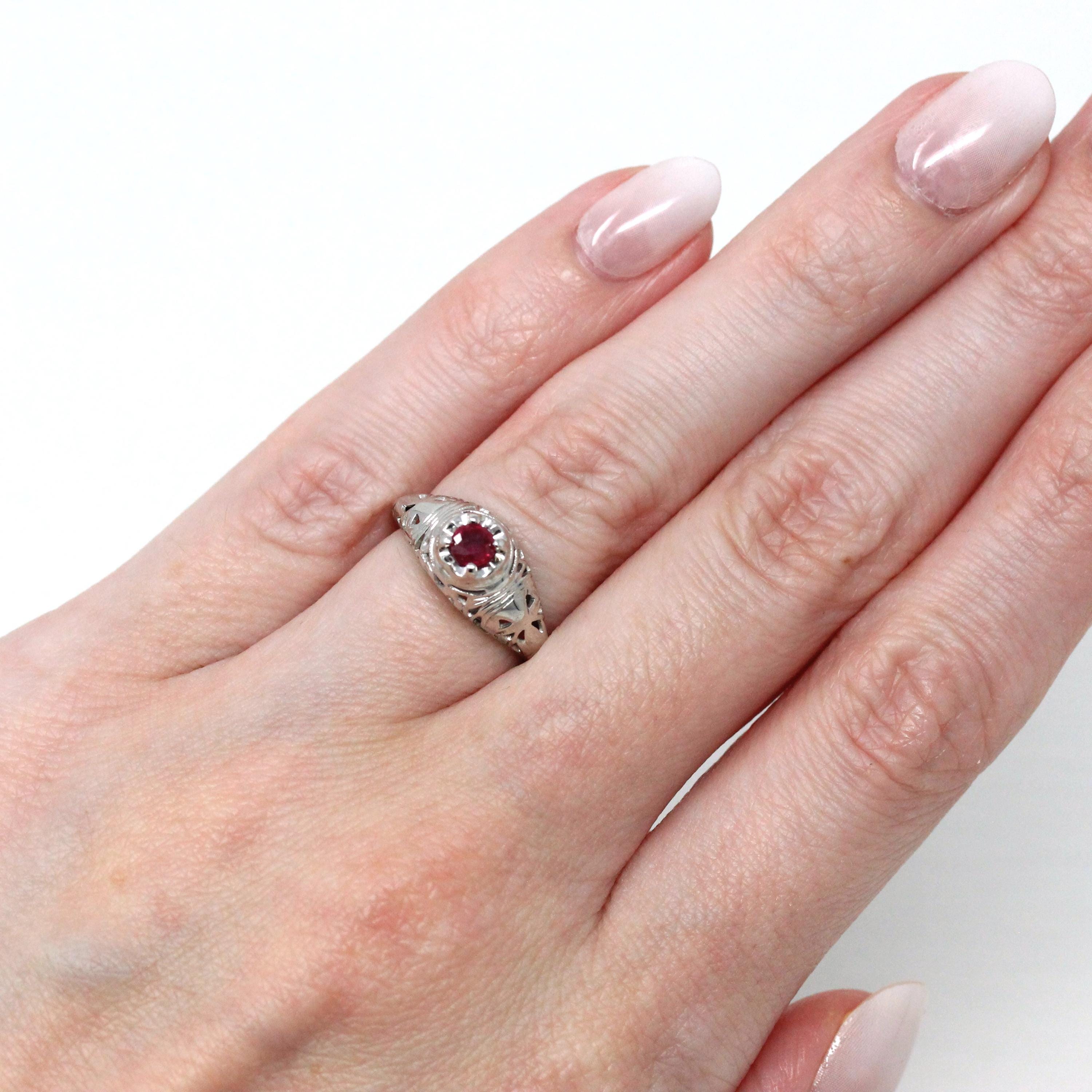 Vintage Ruby Ring - Art Deco Era 18k White Gold Genuine Pink Gemstone - Antique 1930s Size 4 Polished Bow Filigree Fine Engagement Jewelry