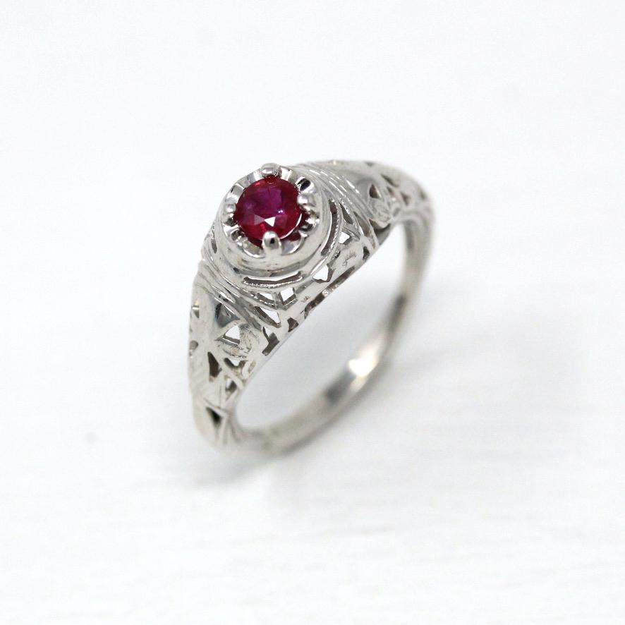 Vintage Ruby Ring - Art Deco Era 18k White Gold Genuine Pink Gemstone - Antique 1930s Size 4 Polished Bow Filigree Fine Engagement Jewelry