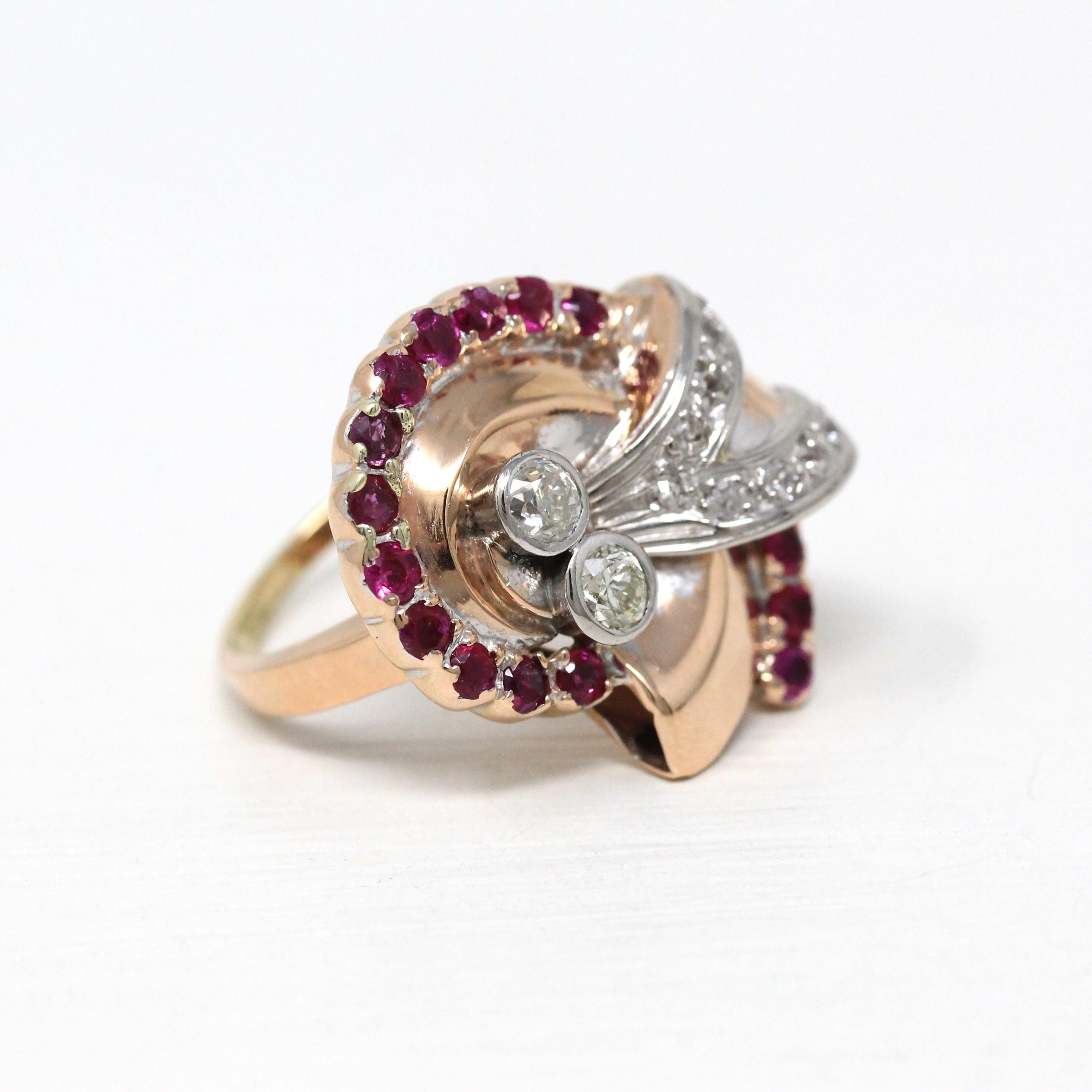 Retro Cocktail Ring - Vintage 10k Rose White Gold .76 CTW Genuine Diamonds Ruby Gems - Circa 1940s MCM Size 6 1/4 Cocktail Fine Jewelry