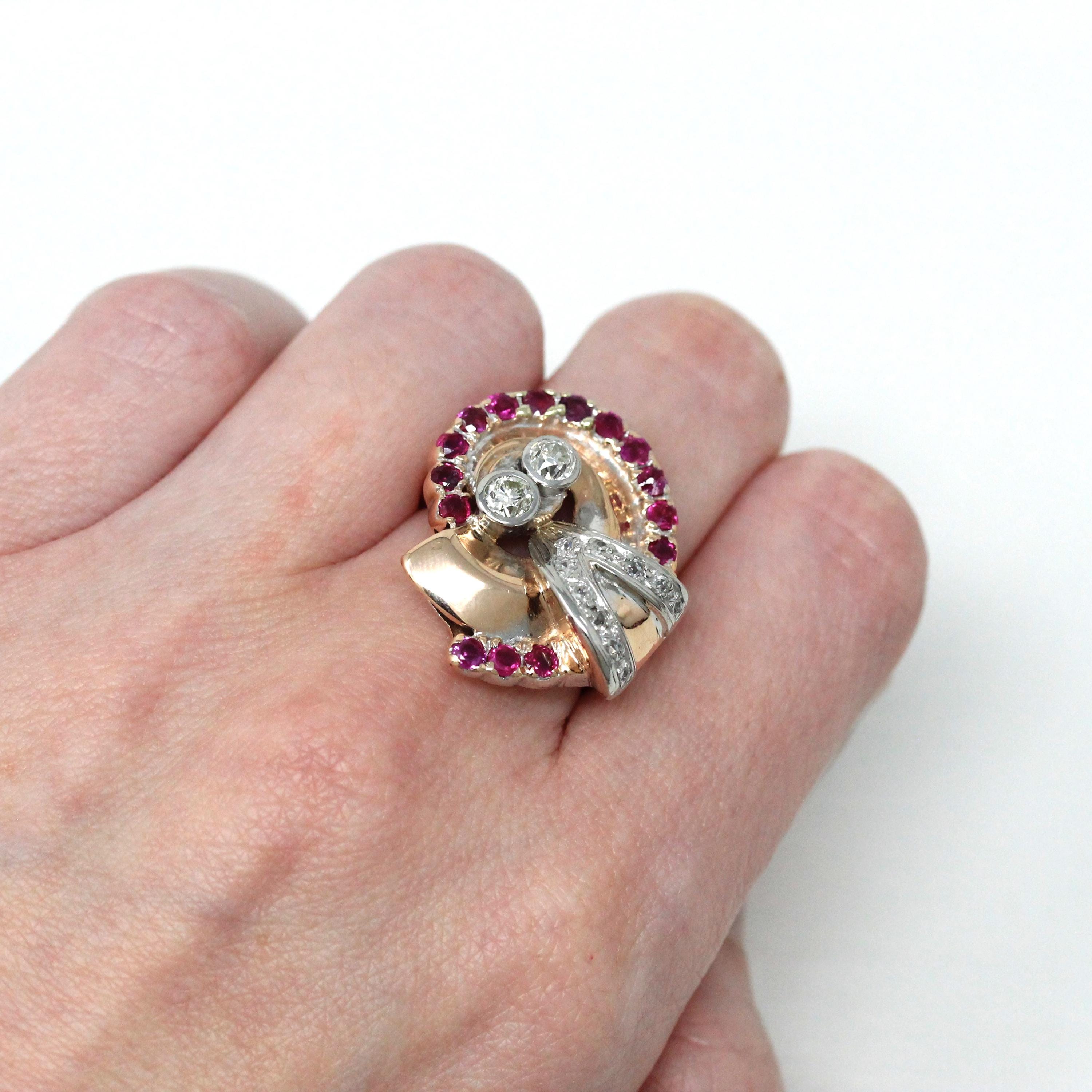 Retro Cocktail Ring - Vintage 10k Rose White Gold .76 CTW Genuine Diamonds Ruby Gems - Circa 1940s MCM Size 6 1/4 Cocktail Fine Jewelry