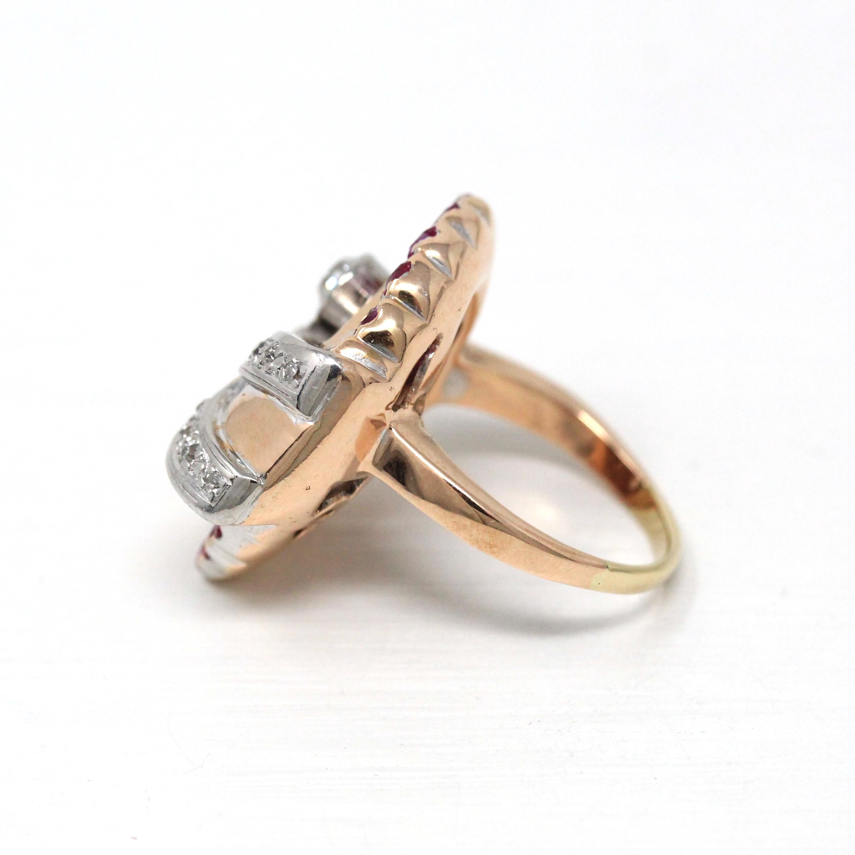 Retro Cocktail Ring - Vintage 10k Rose White Gold .76 CTW Genuine Diamonds Ruby Gems - Circa 1940s MCM Size 6 1/4 Cocktail Fine Jewelry
