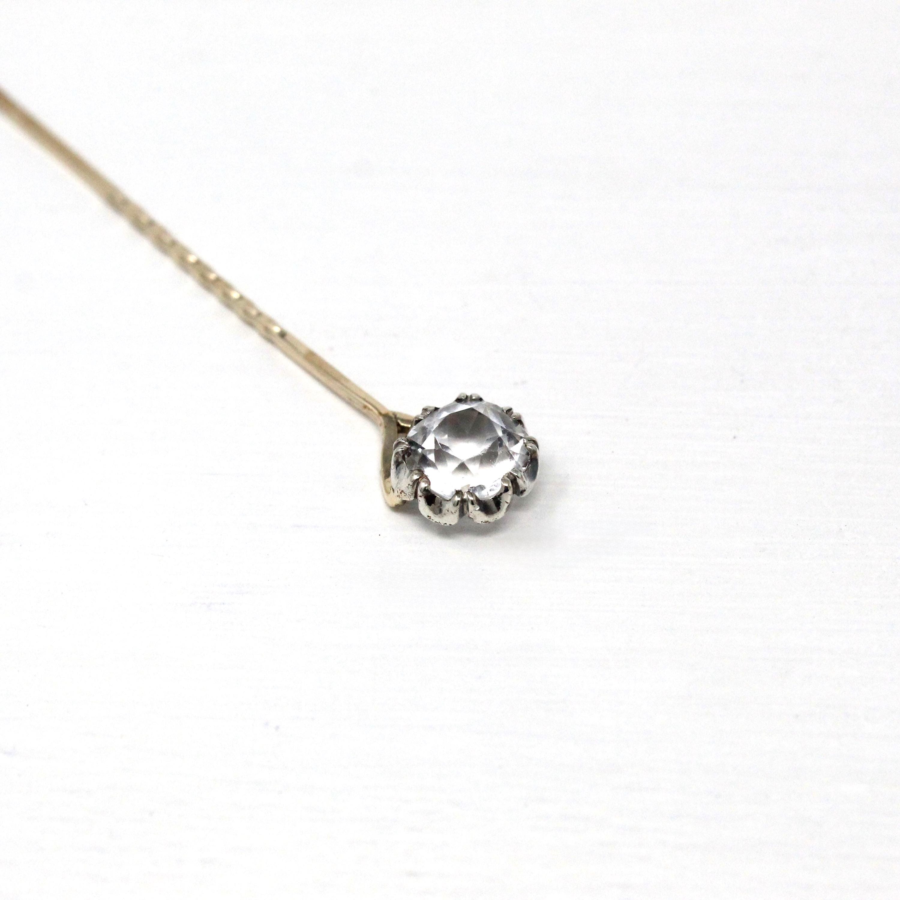 Antique Stick Pin - Victorian 9k Yellow Gold & Silver Round Faceted Colorless Quartz Gemstone - Circa 1900s Era Tie Men's Unisex Jewelry