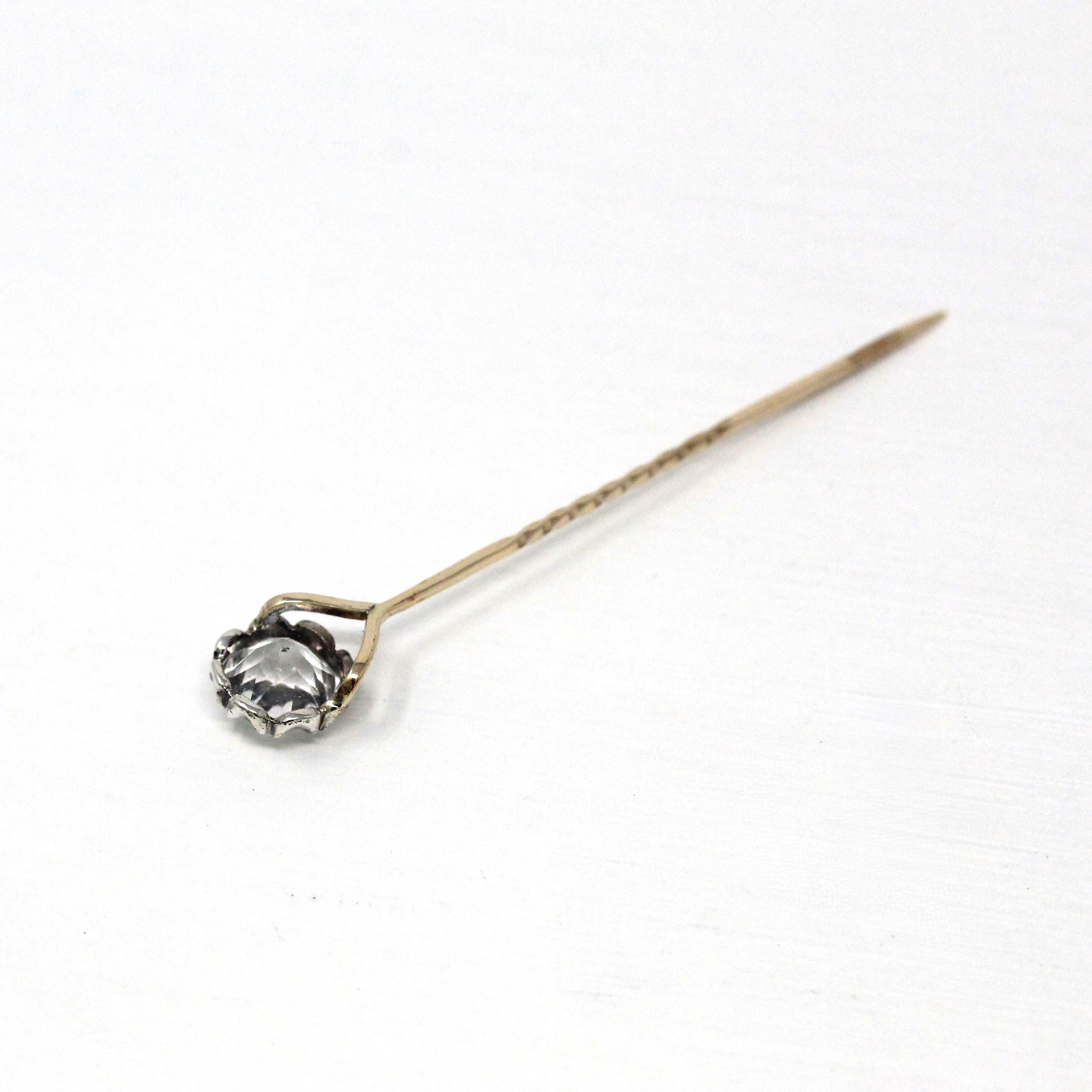 Antique Stick Pin - Victorian 9k Yellow Gold & Silver Round Faceted Colorless Quartz Gemstone - Circa 1900s Era Tie Men's Unisex Jewelry