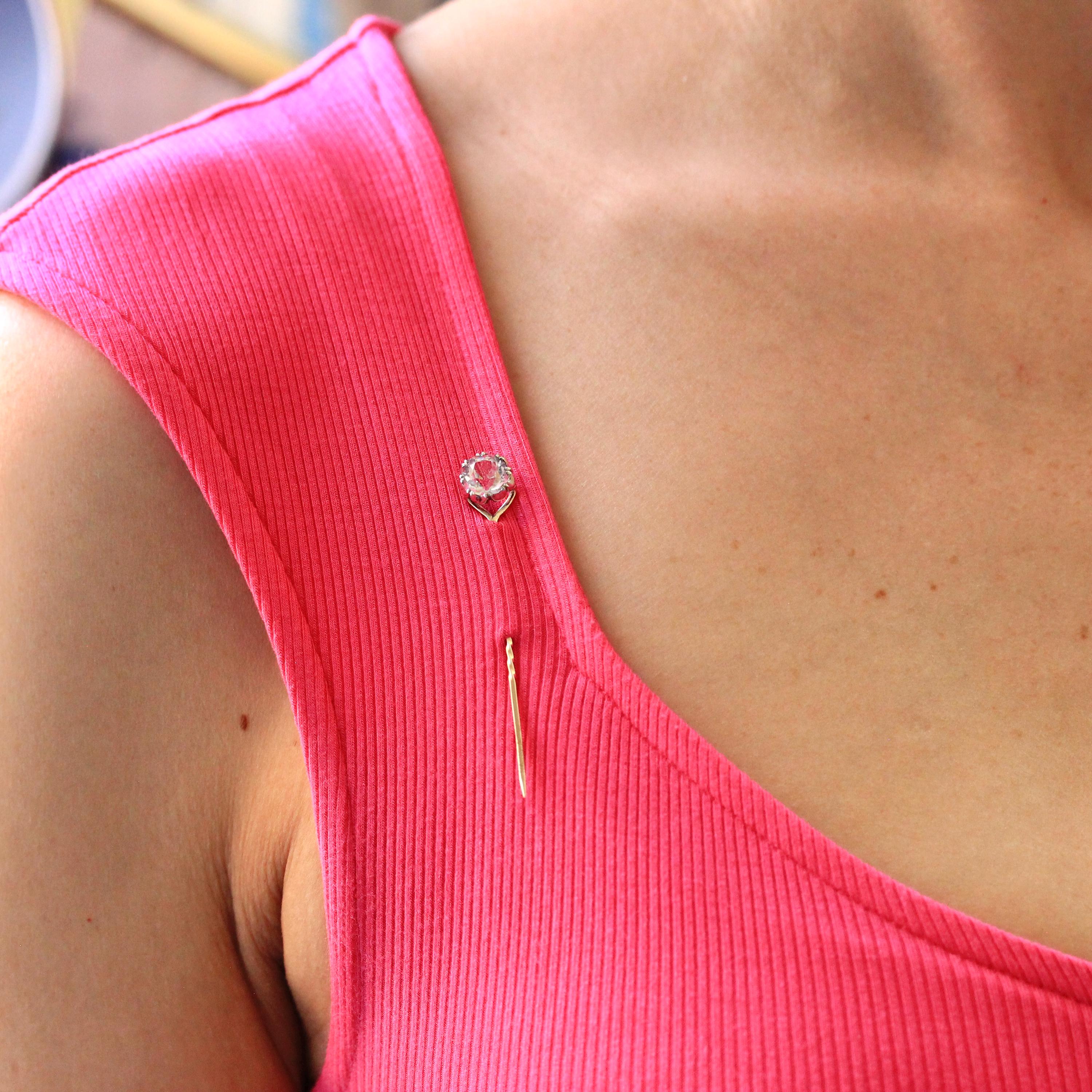 Antique Stick Pin - Victorian 9k Yellow Gold & Silver Round Faceted Colorless Quartz Gemstone - Circa 1900s Era Tie Men's Unisex Jewelry