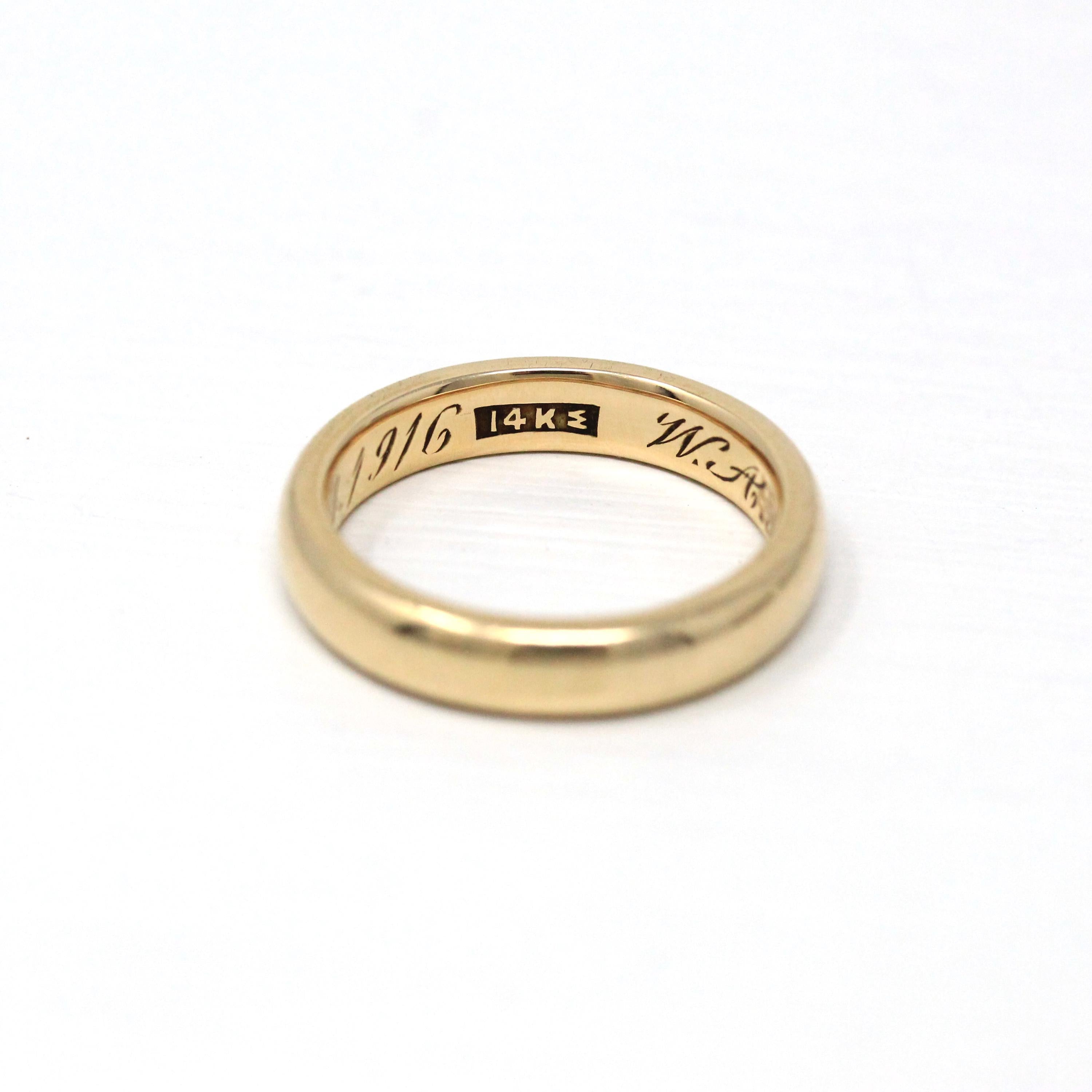 Dated 1916 Wedding Band - Edwardian 14k Yellow Gold Plain JR Wood Stacking - Vintage 1910s Size 5 3/4 Bridal Ring Unisex Fine Men's Jewelry