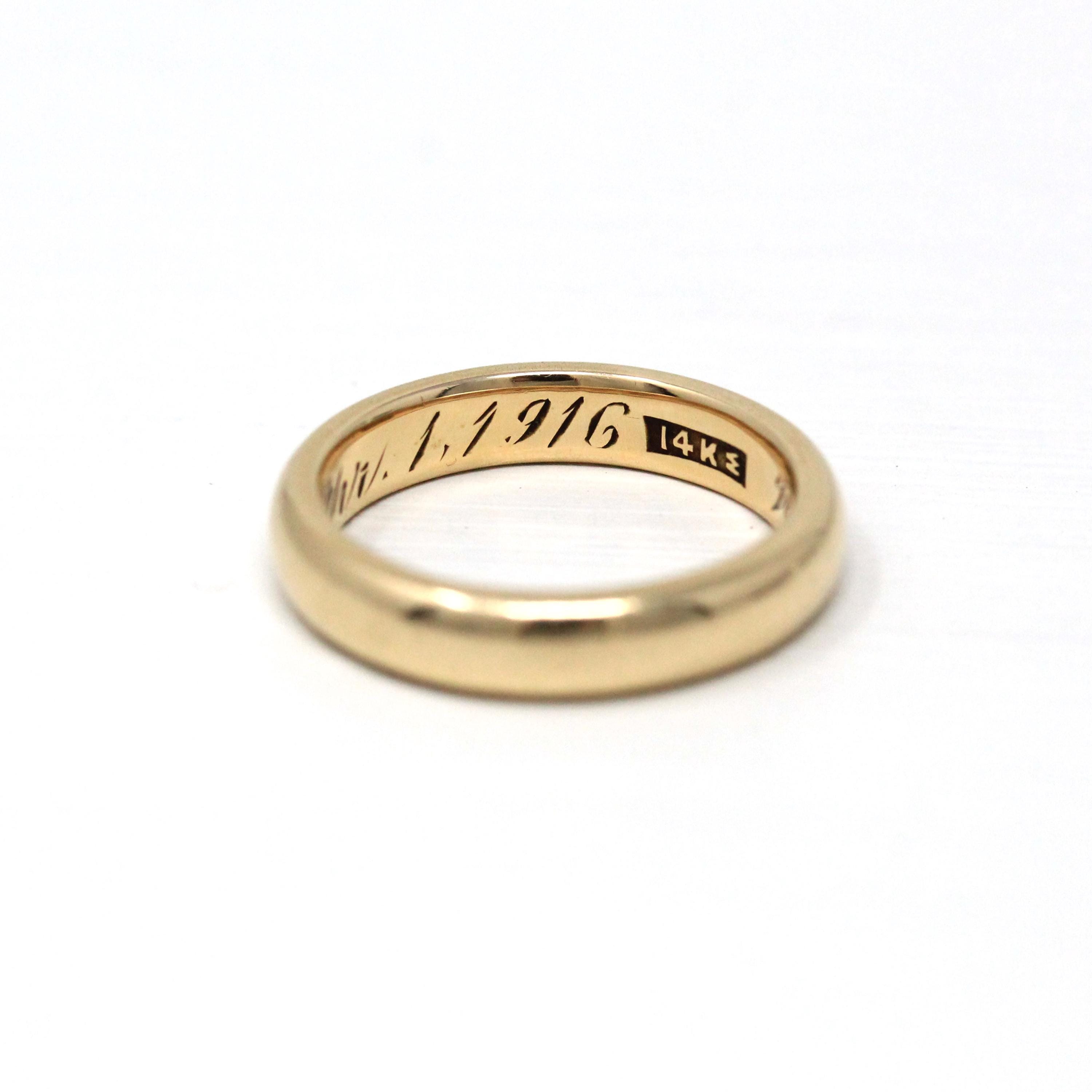 Dated 1916 Wedding Band - Edwardian 14k Yellow Gold Plain JR Wood Stacking - Vintage 1910s Size 5 3/4 Bridal Ring Unisex Fine Men's Jewelry