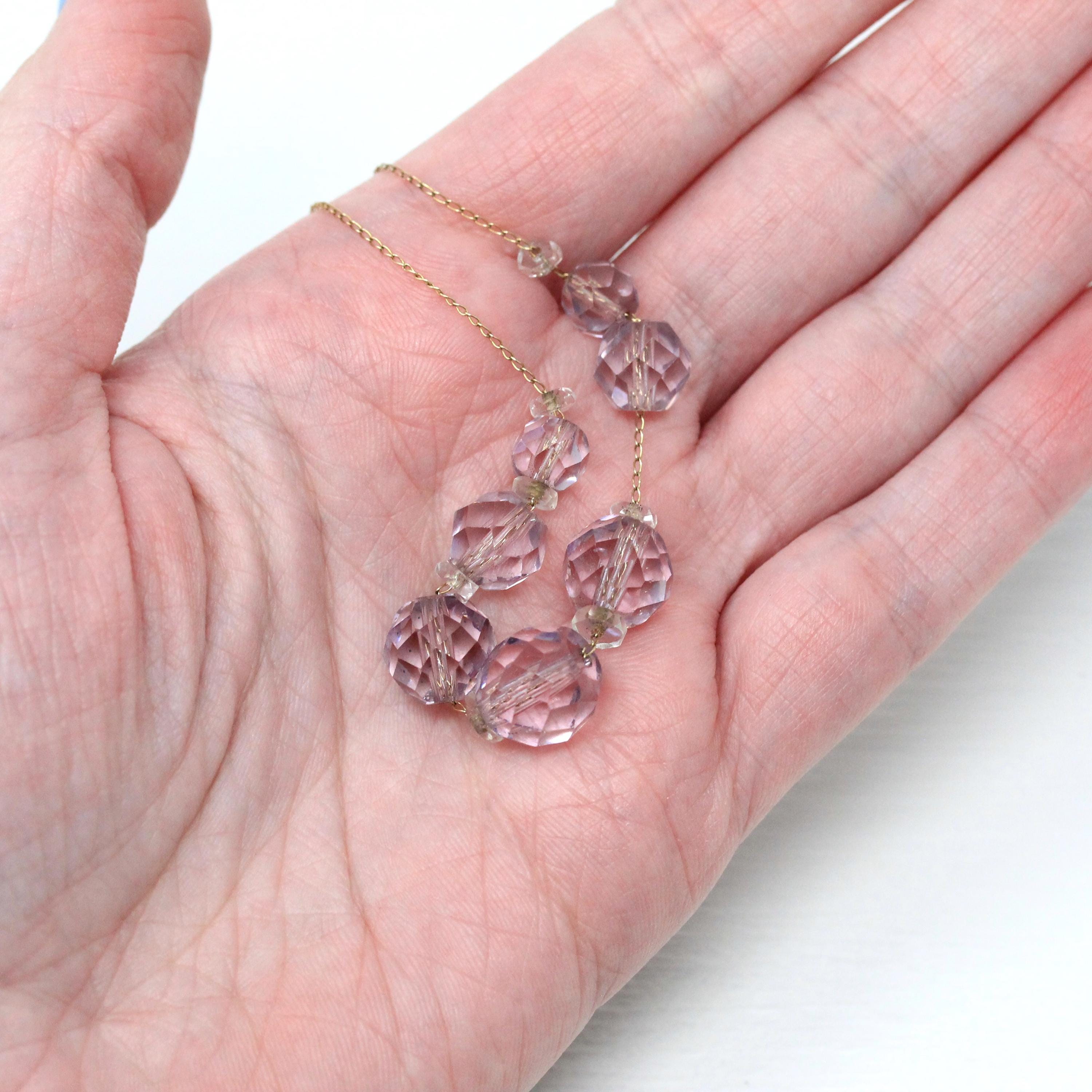 Simulated Amethyst Necklace - Retro 14k Yellow Gold Faceted Purple Clear Glass Stones - Vintage Circa 1940s Era Fashion Accessory Jewelry