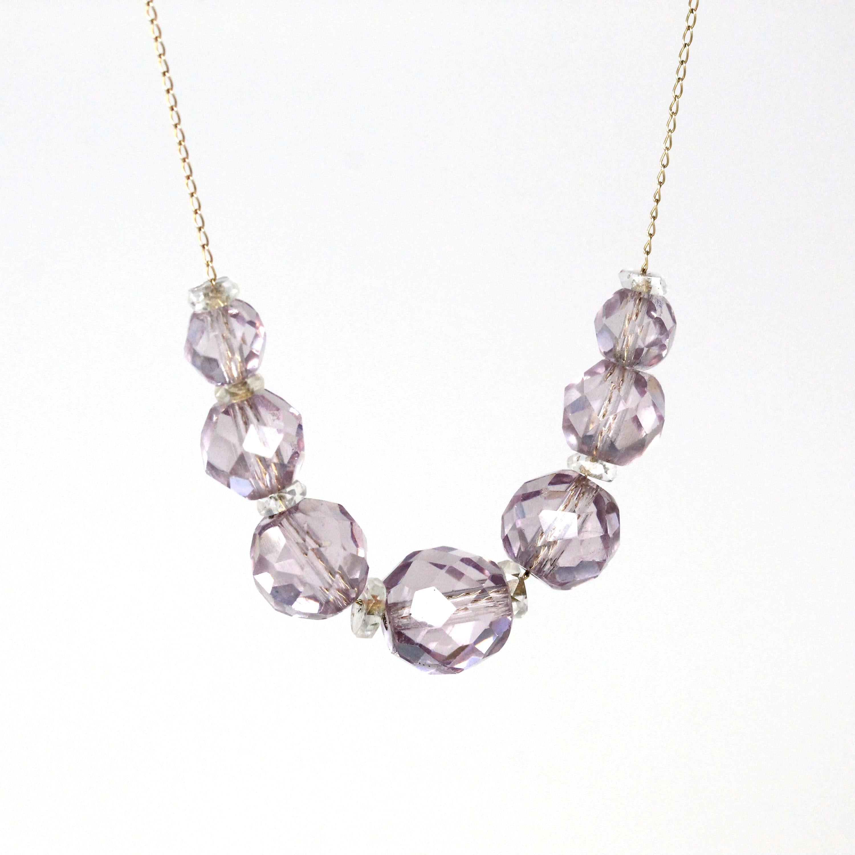 Simulated Amethyst Necklace - Retro 14k Yellow Gold Faceted Purple Clear Glass Stones - Vintage Circa 1940s Era Fashion Accessory Jewelry