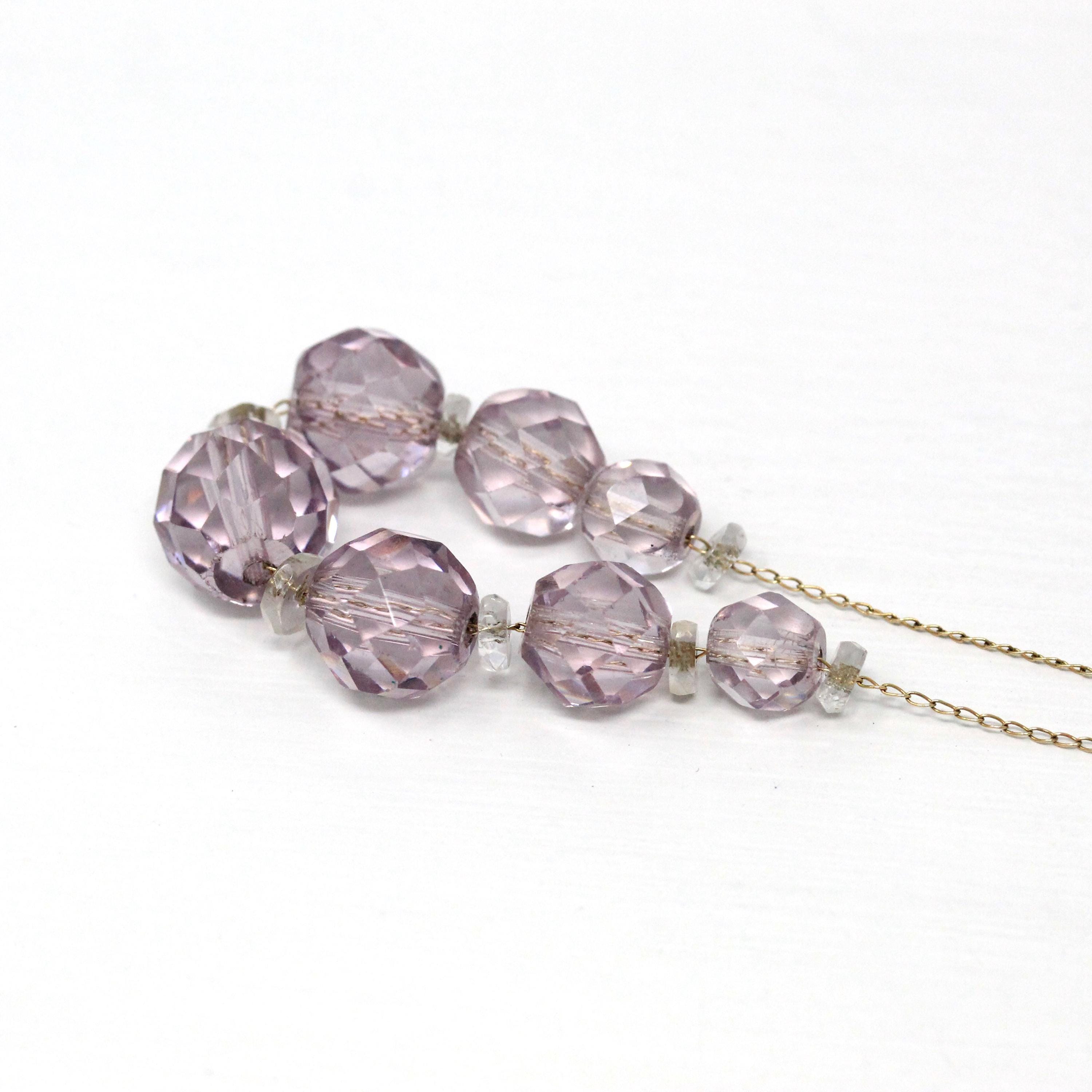 Simulated Amethyst Necklace - Retro 14k Yellow Gold Faceted Purple Clear Glass Stones - Vintage Circa 1940s Era Fashion Accessory Jewelry