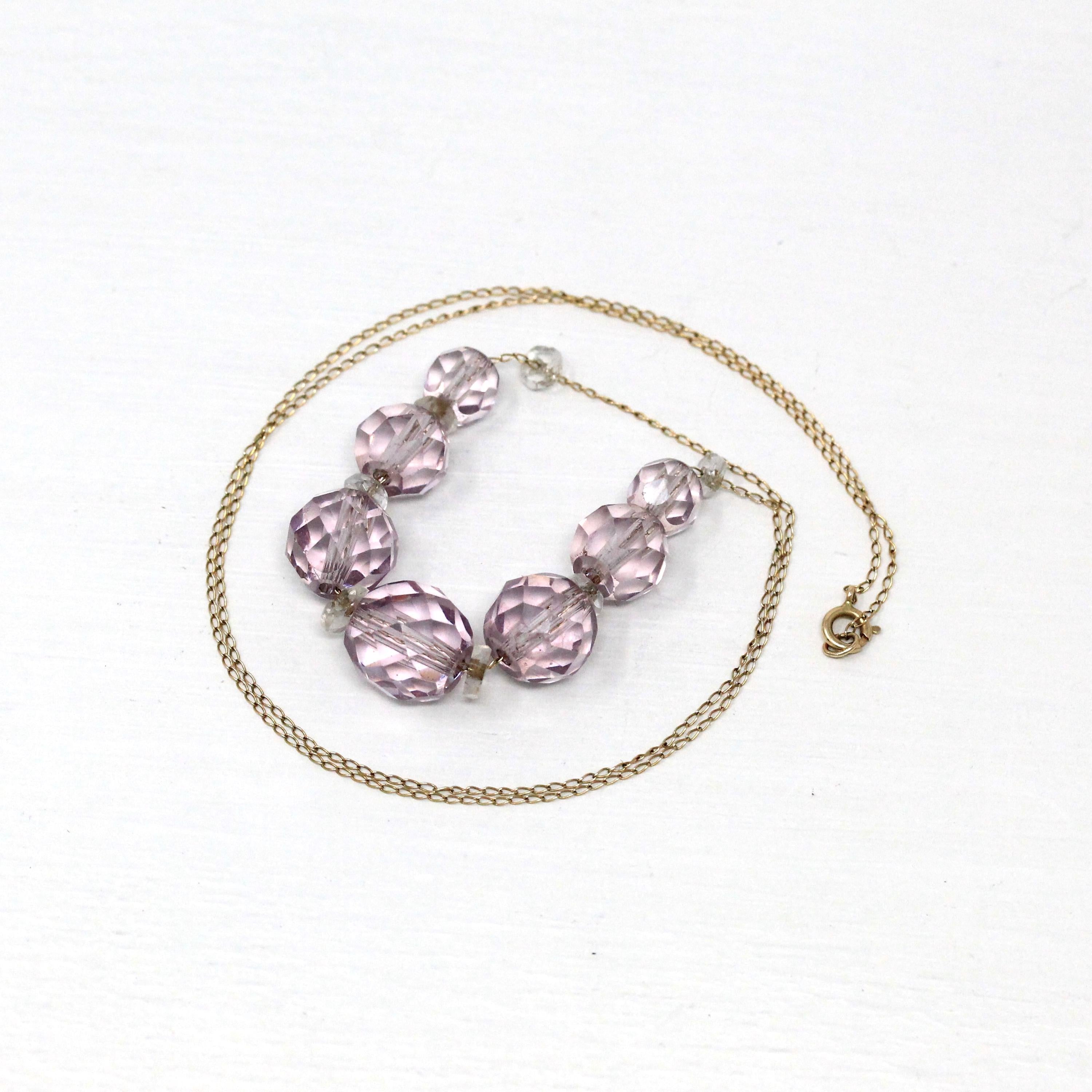 Simulated Amethyst Necklace - Retro 14k Yellow Gold Faceted Purple Clear Glass Stones - Vintage Circa 1940s Era Fashion Accessory Jewelry