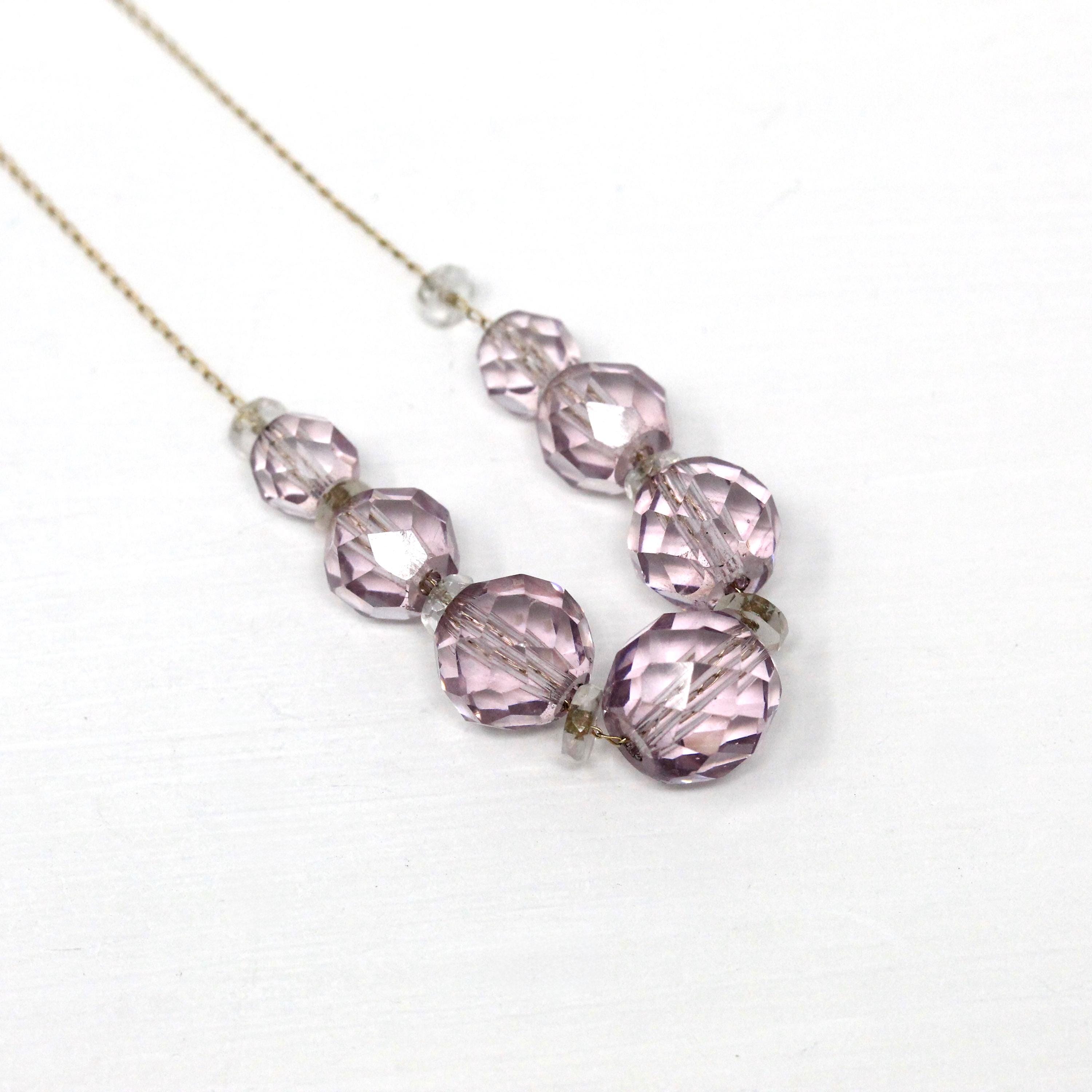 Simulated Amethyst Necklace - Retro 14k Yellow Gold Faceted Purple Clear Glass Stones - Vintage Circa 1940s Era Fashion Accessory Jewelry