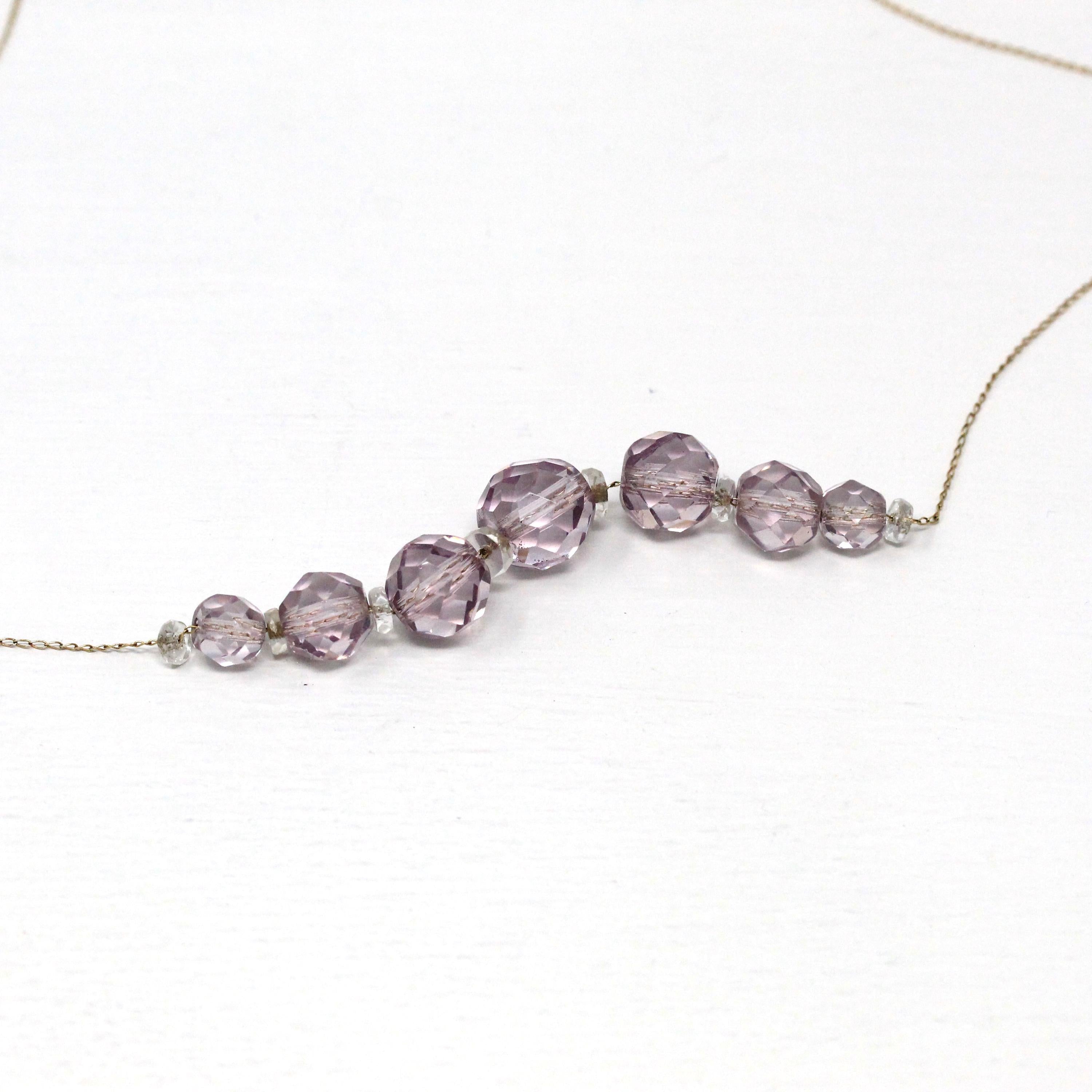 Simulated Amethyst Necklace - Retro 14k Yellow Gold Faceted Purple Clear Glass Stones - Vintage Circa 1940s Era Fashion Accessory Jewelry