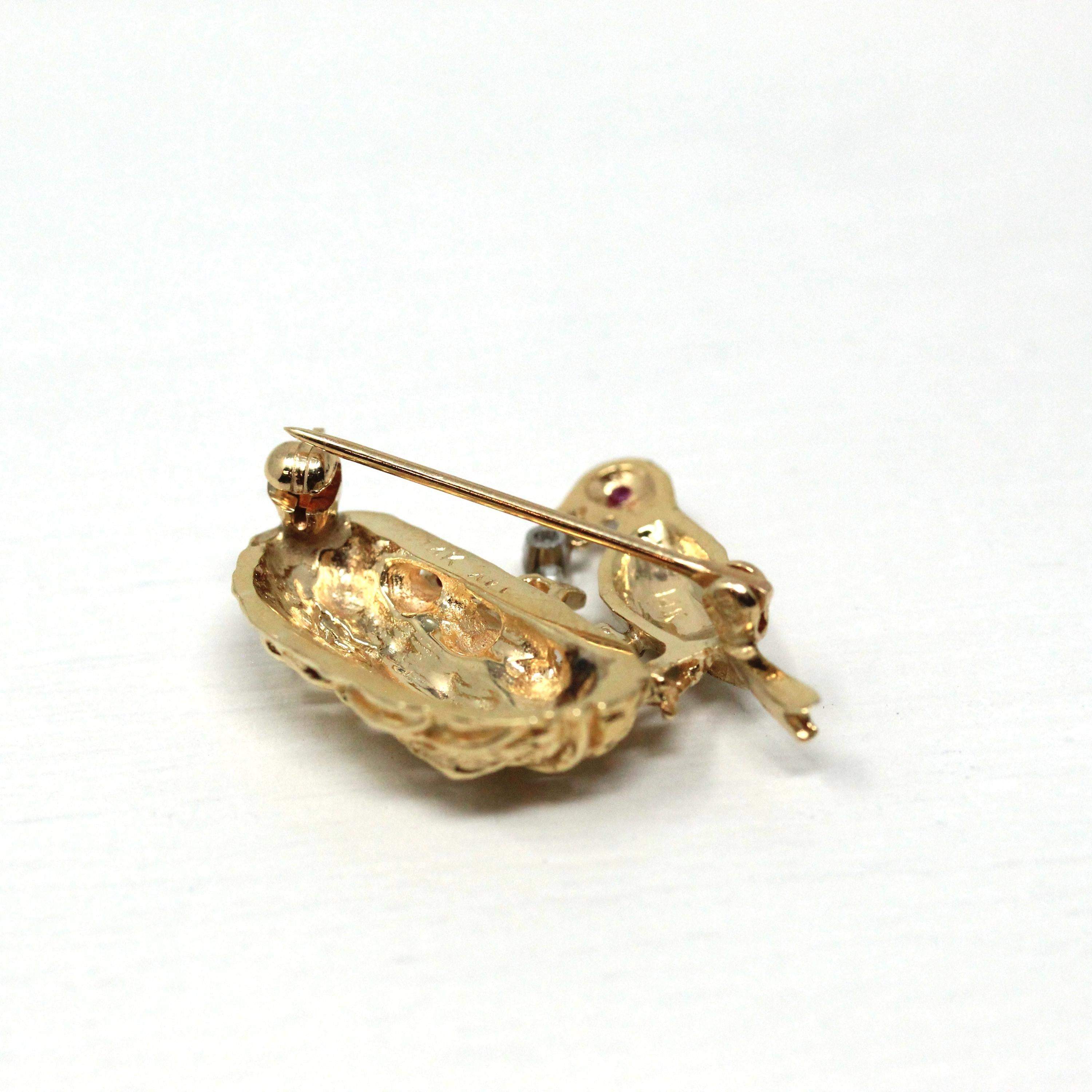 Vintage Bird Nest Brooch - Retro 14k Yellow Gold Genuine Diamond & Ruby Pin - Estate Statement Animal Mother Babies Feeding Fine Jewelry