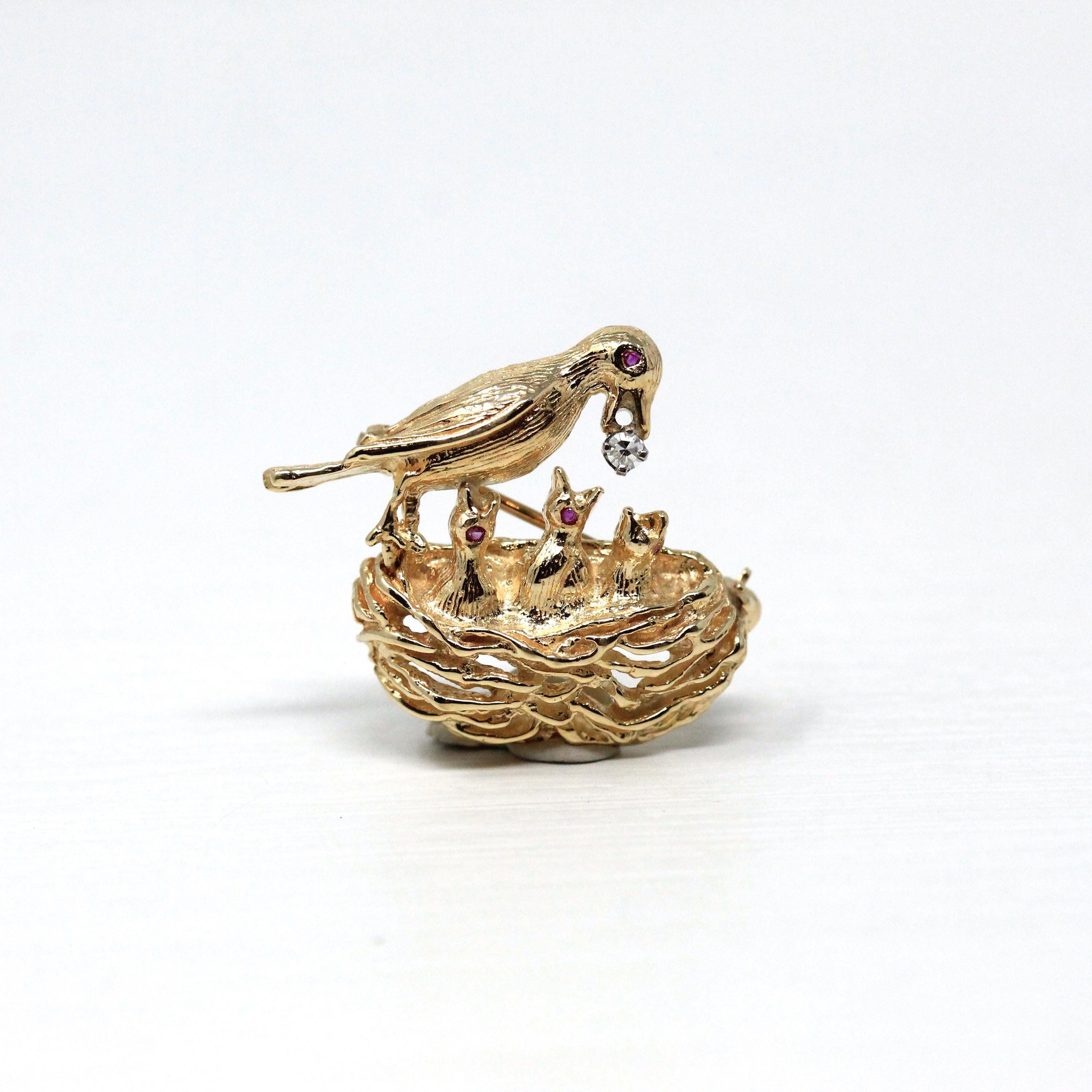 Vintage Bird Nest Brooch - Retro 14k Yellow Gold Genuine Diamond & Ruby Pin - Estate Statement Animal Mother Babies Feeding Fine Jewelry