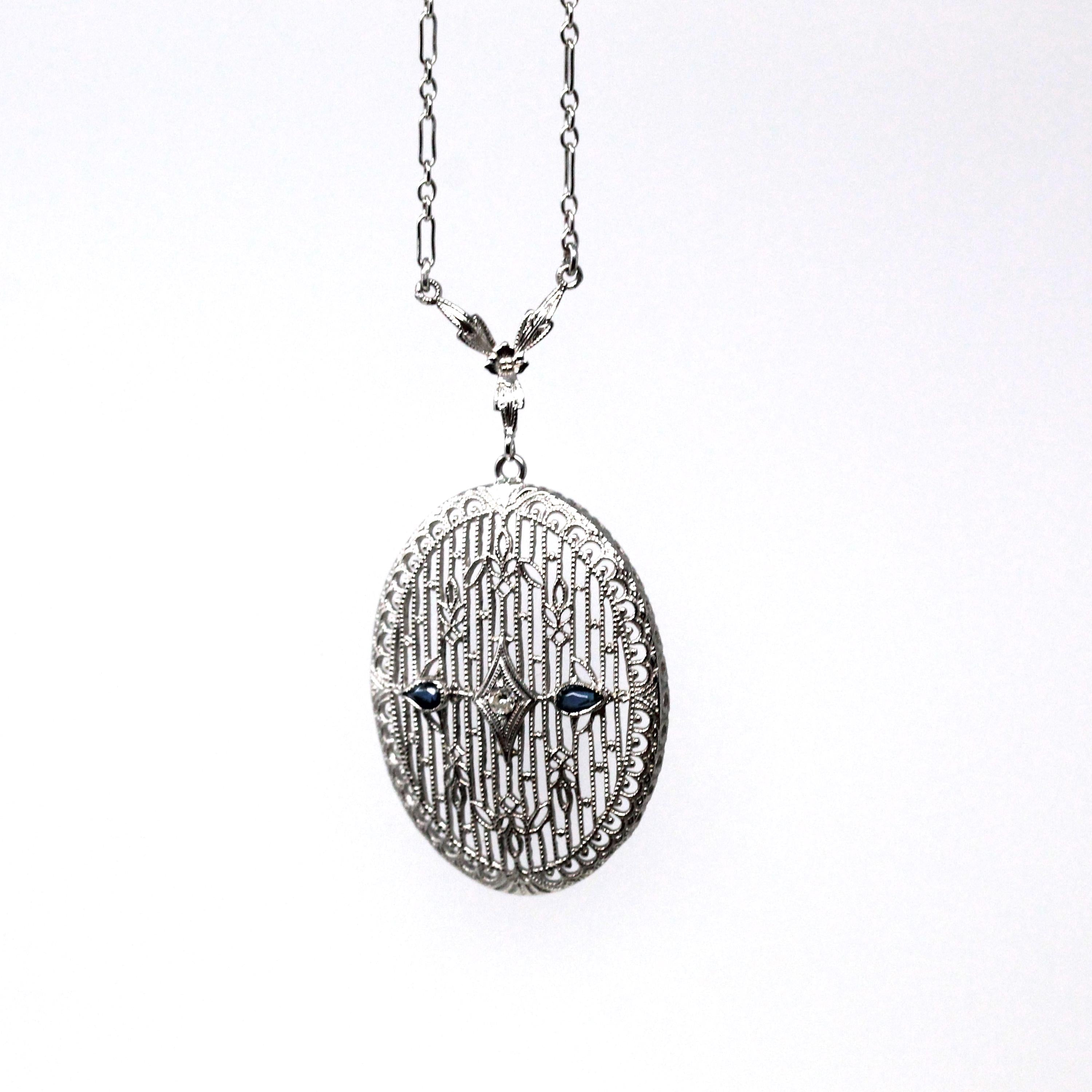 Art Deco Necklace - Antique 10k White Gold Genuine Diamond Filigree Simulated Sapphire Pendant - Vintage 1930s Era Floral Fine 30s Jewelry
