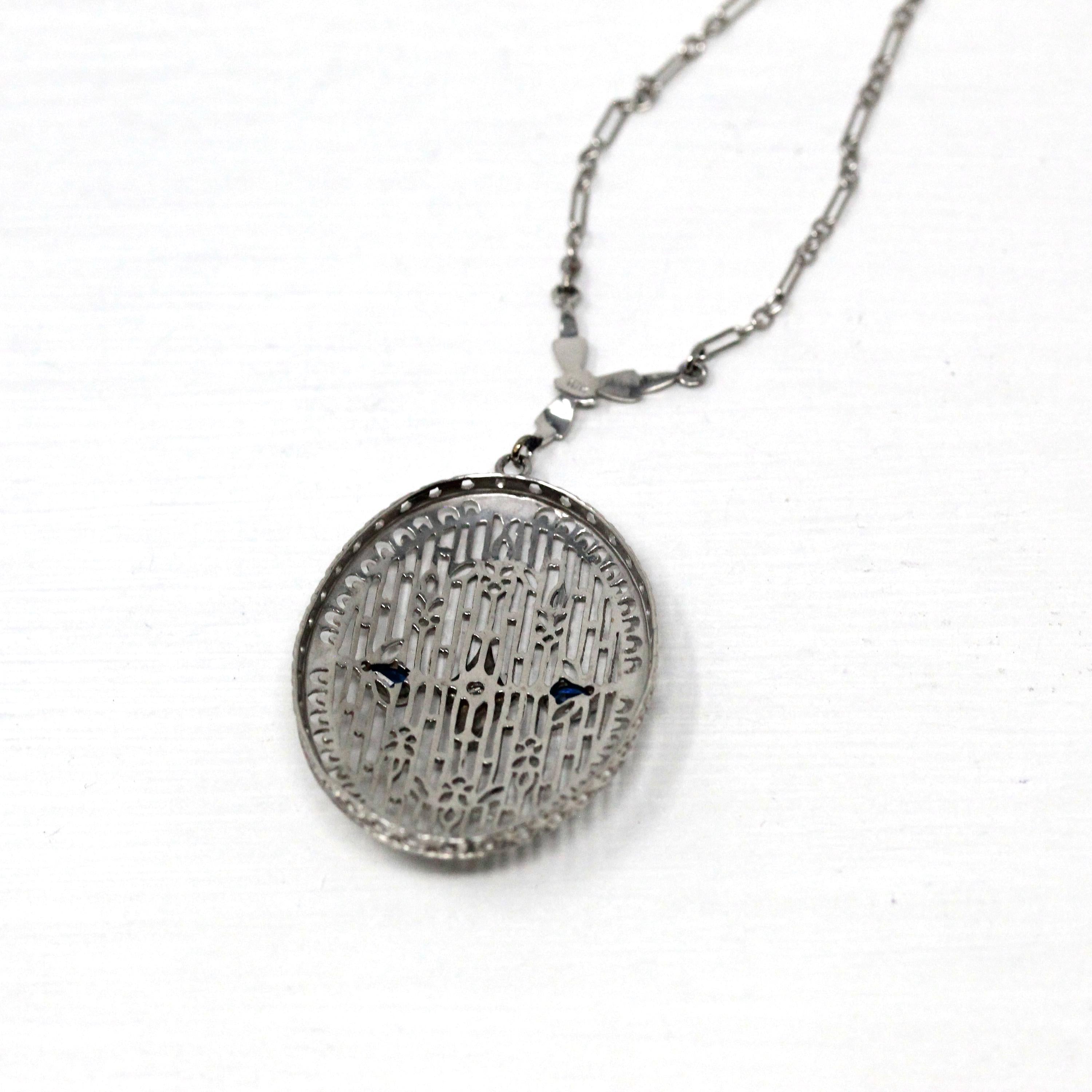 Art Deco Necklace - Antique 10k White Gold Genuine Diamond Filigree Simulated Sapphire Pendant - Vintage 1930s Era Floral Fine 30s Jewelry
