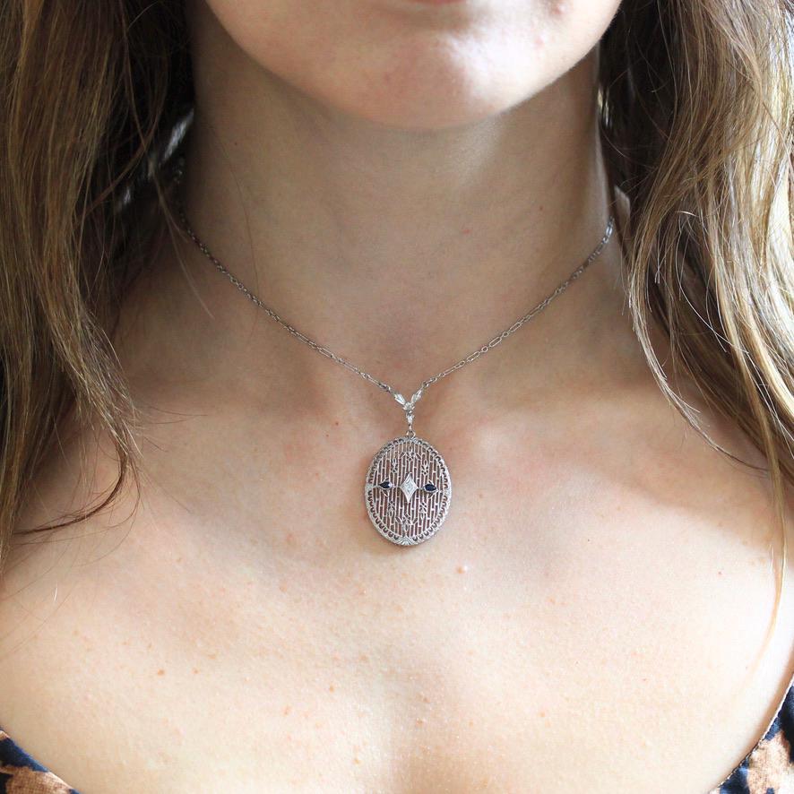 Art Deco Necklace - Antique 10k White Gold Genuine Diamond Filigree Simulated Sapphire Pendant - Vintage 1930s Era Floral Fine 30s Jewelry