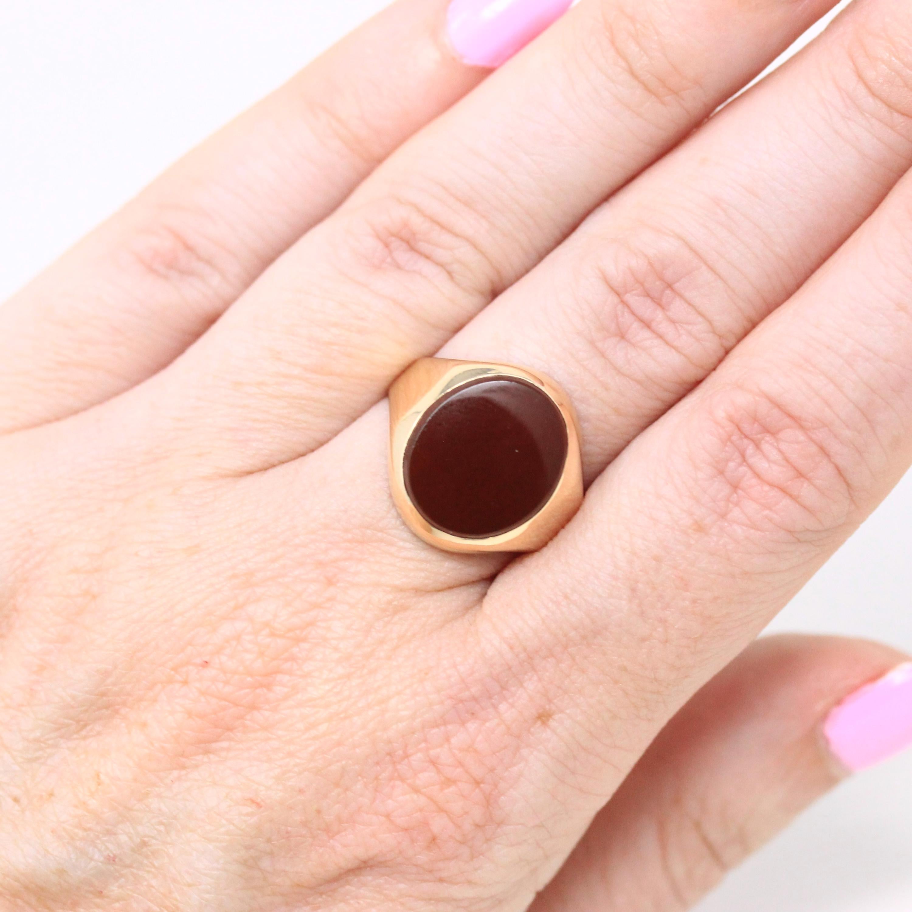 Vintage Carnelian Ring - Retro 10k Yellow Gold Red Oval Genuine Gemstone - Circa 1940s Era Size 6 1/2 Signet "PDH" Men's Unisex Fine Jewelry