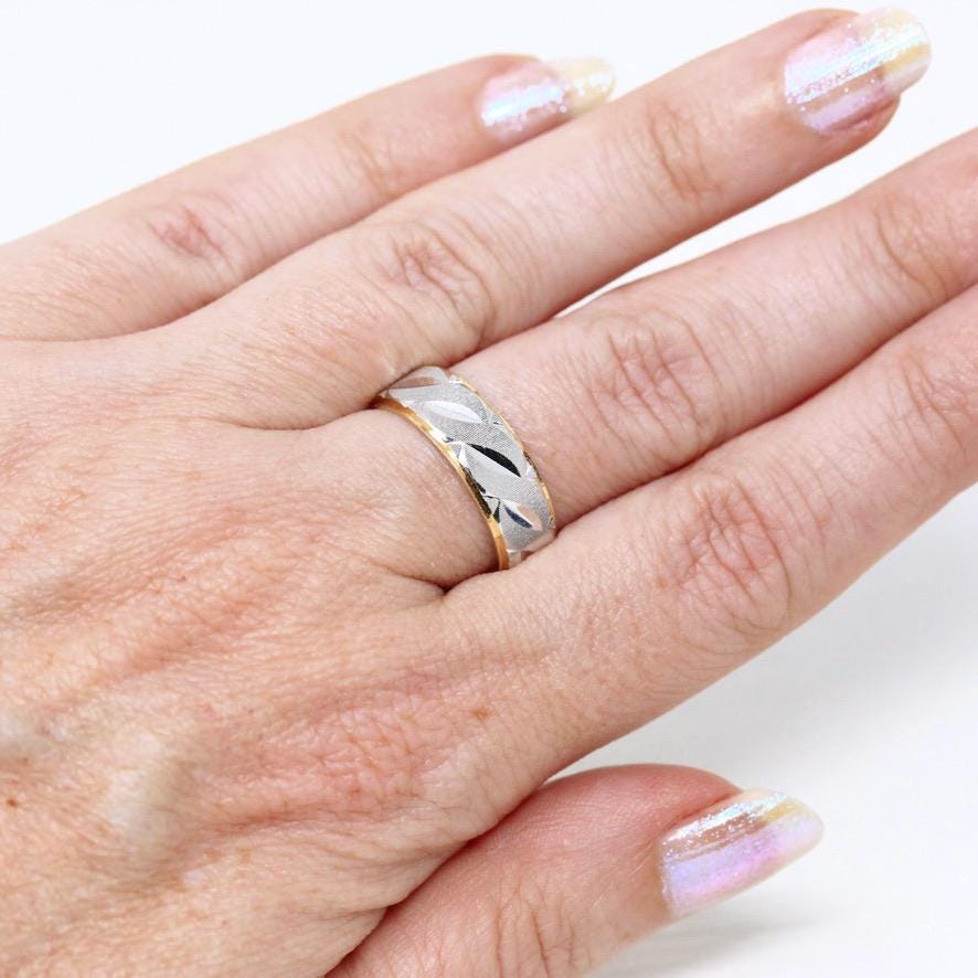 Estate Diamond Cut Band - Modern 14k Yellow & White Gold Carved Cigar Style - Vintage Circa 1980s Era Size 6.5 Machined Wedding Fine Jewelry