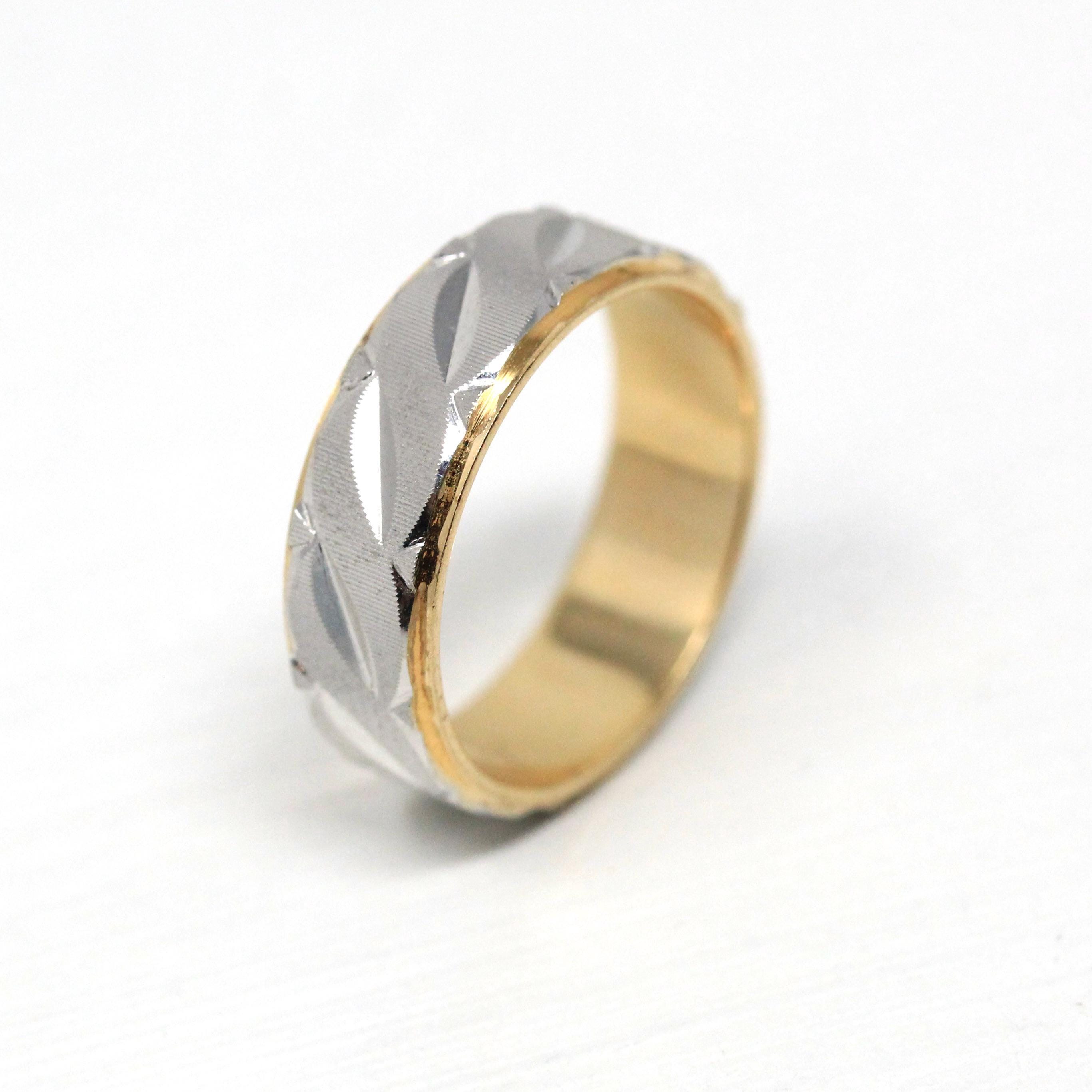 Estate Diamond Cut Band - Modern 14k Yellow & White Gold Carved Cigar Style - Vintage Circa 1980s Era Size 6.5 Machined Wedding Fine Jewelry