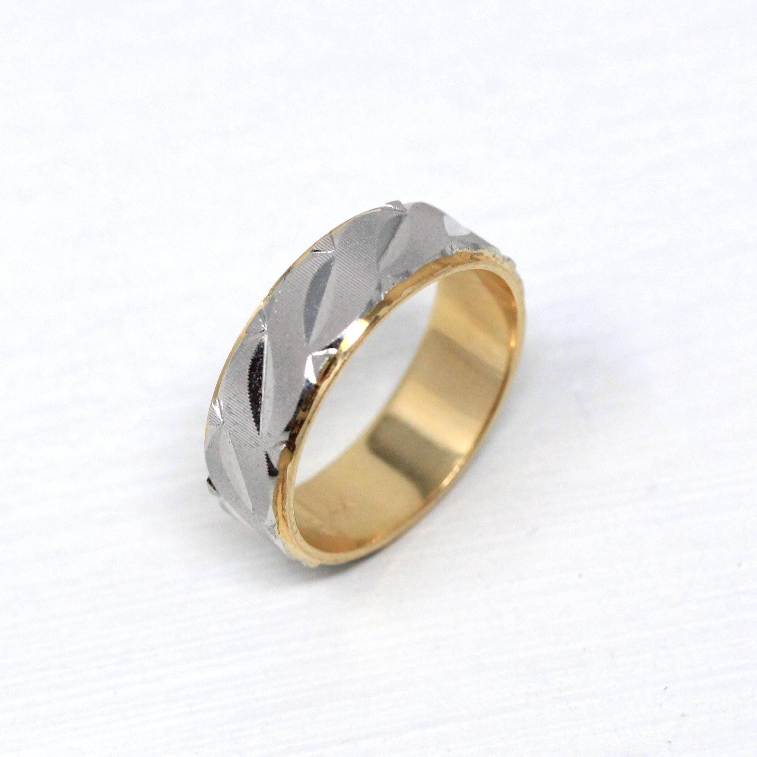 Estate Diamond Cut Band - Modern 14k Yellow & White Gold Carved Cigar Style - Vintage Circa 1980s Era Size 6.5 Machined Wedding Fine Jewelry