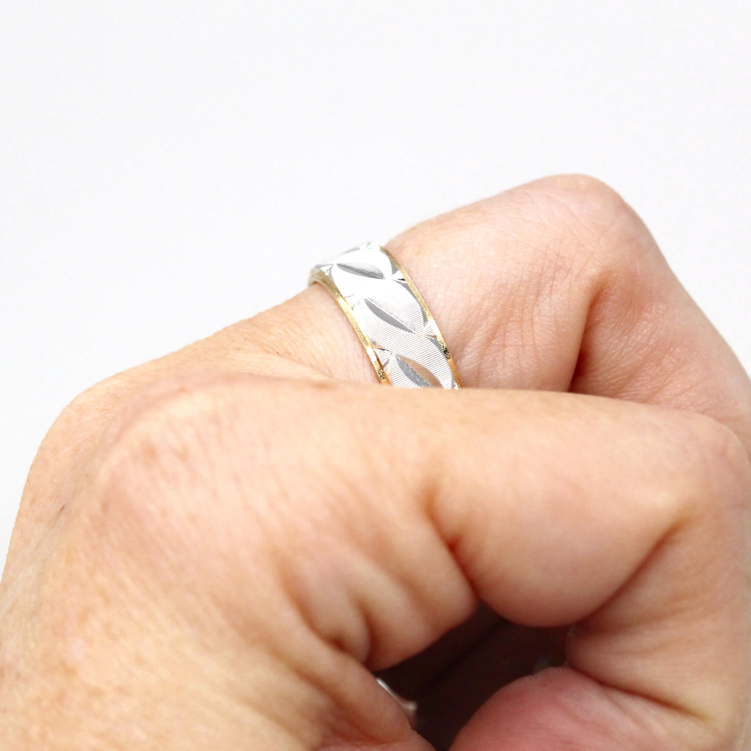 Estate Diamond Cut Band - Modern 14k Yellow & White Gold Carved Cigar Style - Vintage Circa 1980s Era Size 6.5 Machined Wedding Fine Jewelry