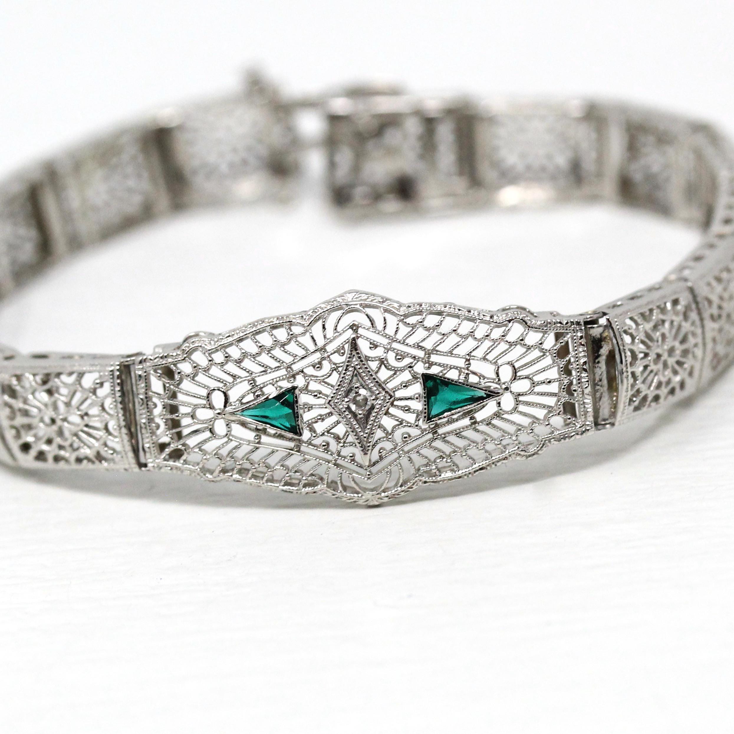 Art Deco Bracelet - Vintage 10k White Gold Filigree Genuine Diamond Green Glass Gemstone - Vintage Circa 1930 Simulated Emerald Fine Jewelry