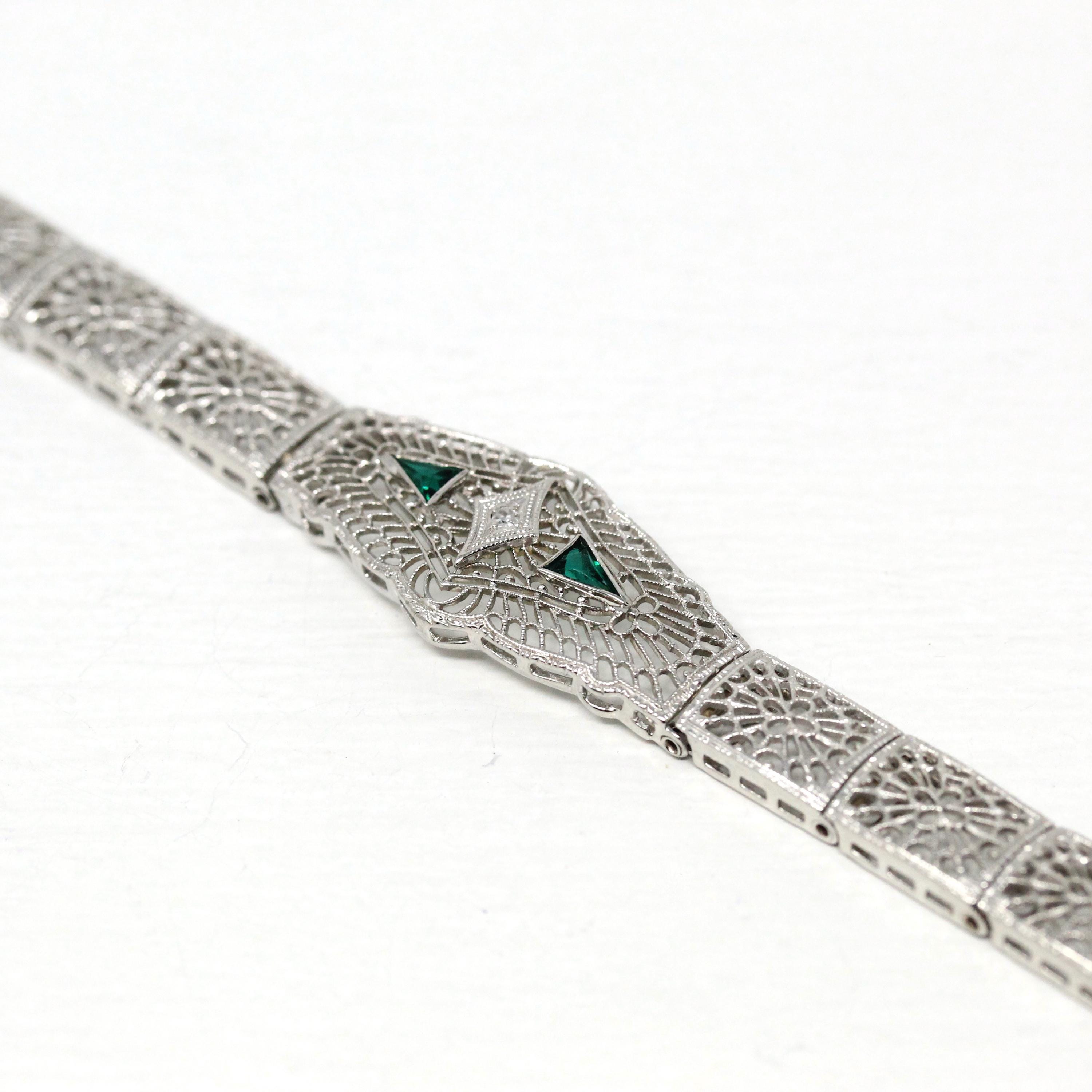 Art Deco Bracelet - Vintage 10k White Gold Filigree Genuine Diamond Green Glass Gemstone - Vintage Circa 1930 Simulated Emerald Fine Jewelry