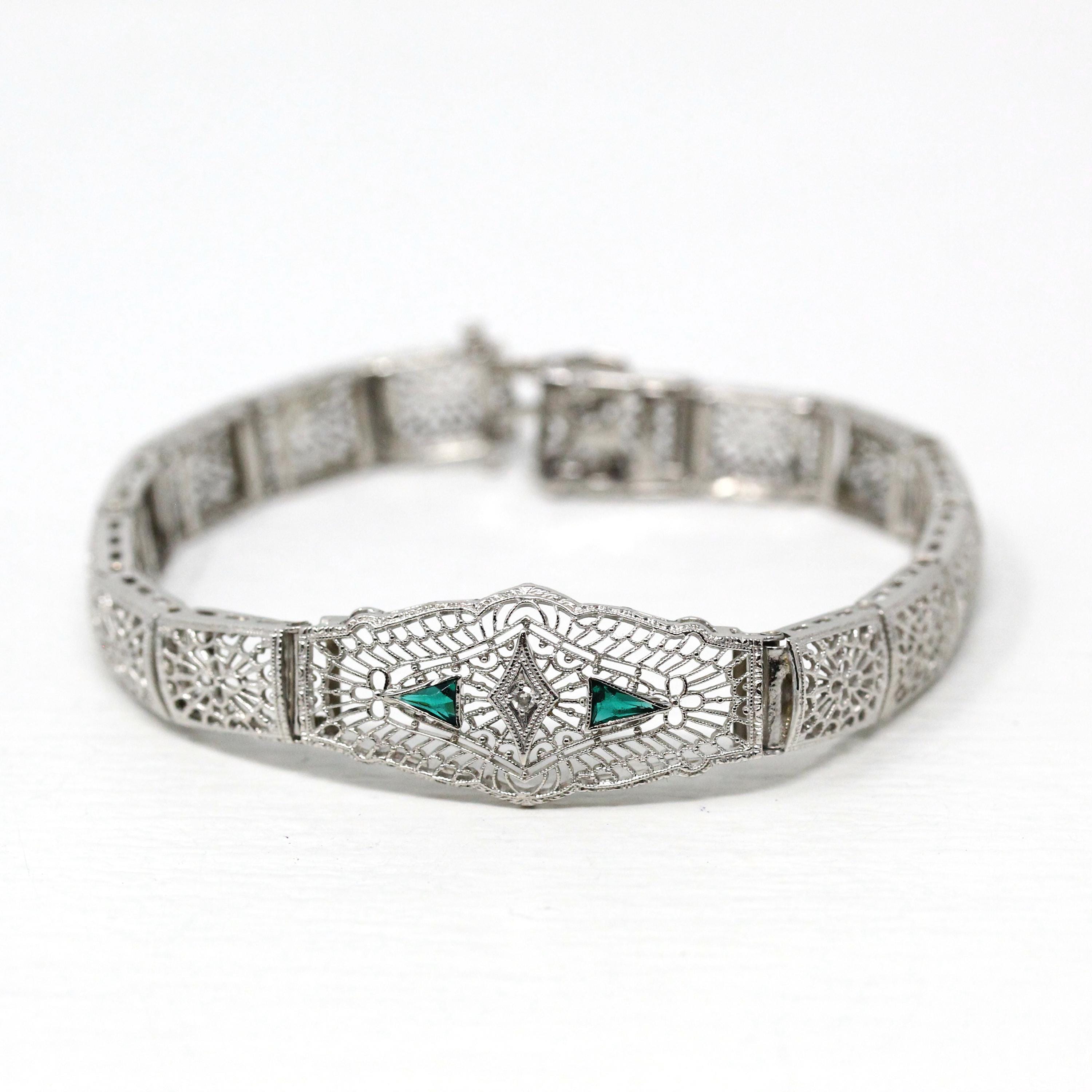 Art Deco Bracelet - Vintage 10k White Gold Filigree Genuine Diamond Green Glass Gemstone - Vintage Circa 1930 Simulated Emerald Fine Jewelry