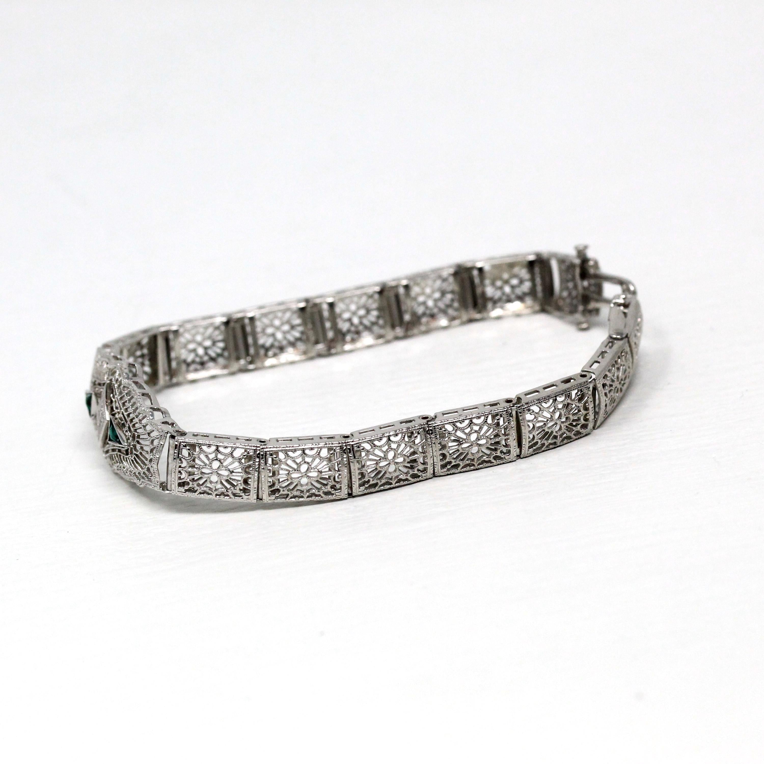 Art Deco Bracelet - Vintage 10k White Gold Filigree Genuine Diamond Green Glass Gemstone - Vintage Circa 1930 Simulated Emerald Fine Jewelry