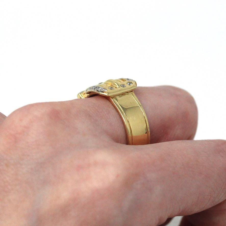 Belt Buckle Ring - Estate 14k Yellow Gold Genuine Diamonds Wide Statement Band - Modern Size 8 Men's Unisex Vintage Fine 2000s Jewelry