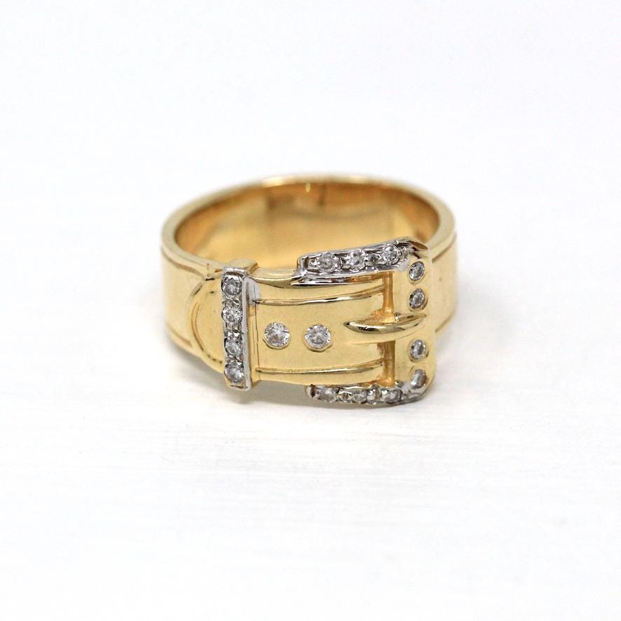 Belt Buckle Ring - Estate 14k Yellow Gold Natural Diamonds Wide Statement Band - Modern Circa 2000's Era Size 8 Unisex Style Fine Jewelry