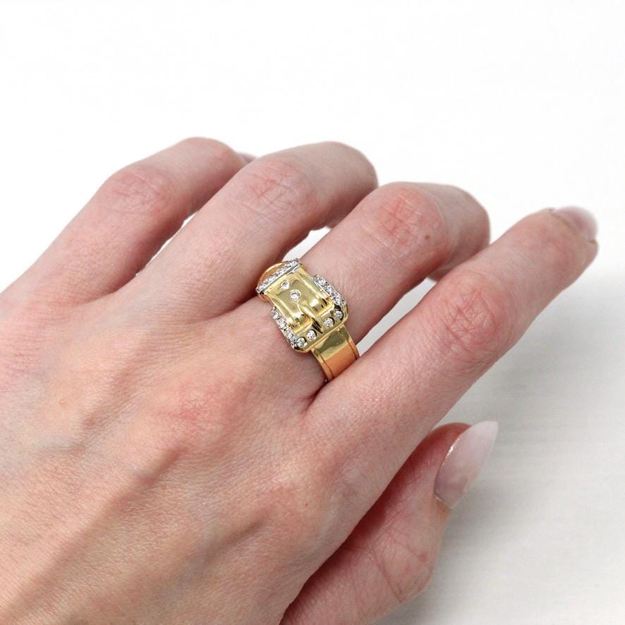 Belt Buckle Ring - Estate 14k Yellow Gold Genuine Diamonds Wide Statement Band - Modern Size 8 Men's Unisex Vintage Fine 2000s Jewelry