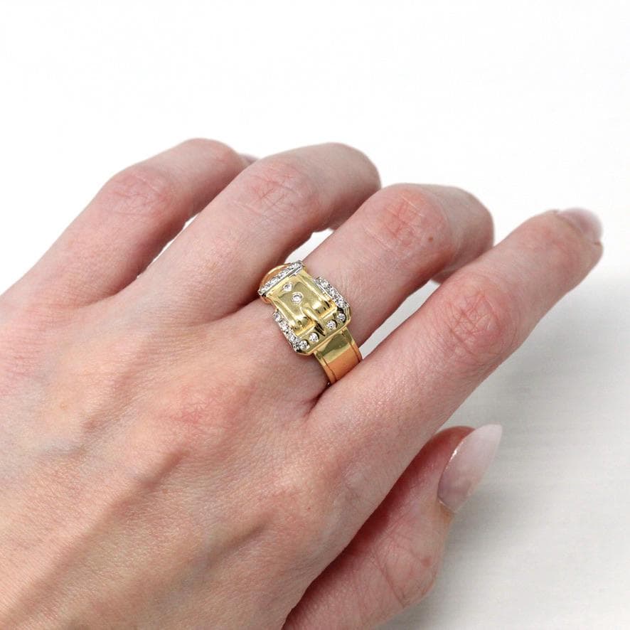 Belt Buckle Ring - Estate 14k Yellow Gold Natural Diamonds Wide Statement Band - Modern Circa 2000's Era Size 8 Unisex Style Fine Jewelry