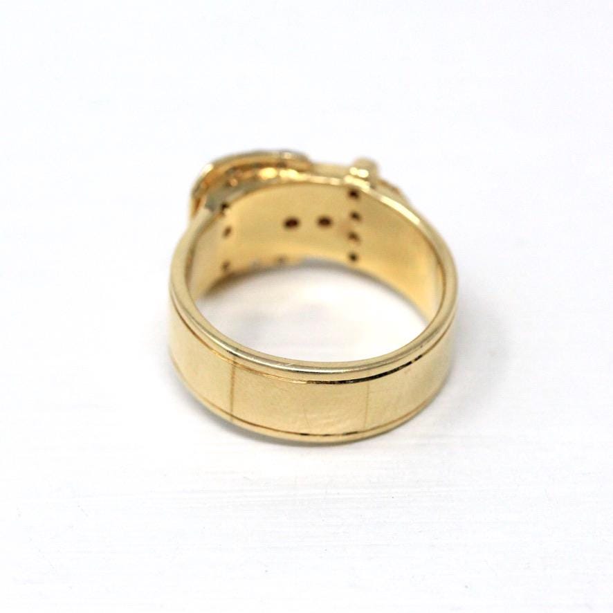 Belt Buckle Ring - Estate 14k Yellow Gold Natural Diamonds Wide Statement Band - Modern Circa 2000's Era Size 8 Unisex Style Fine Jewelry
