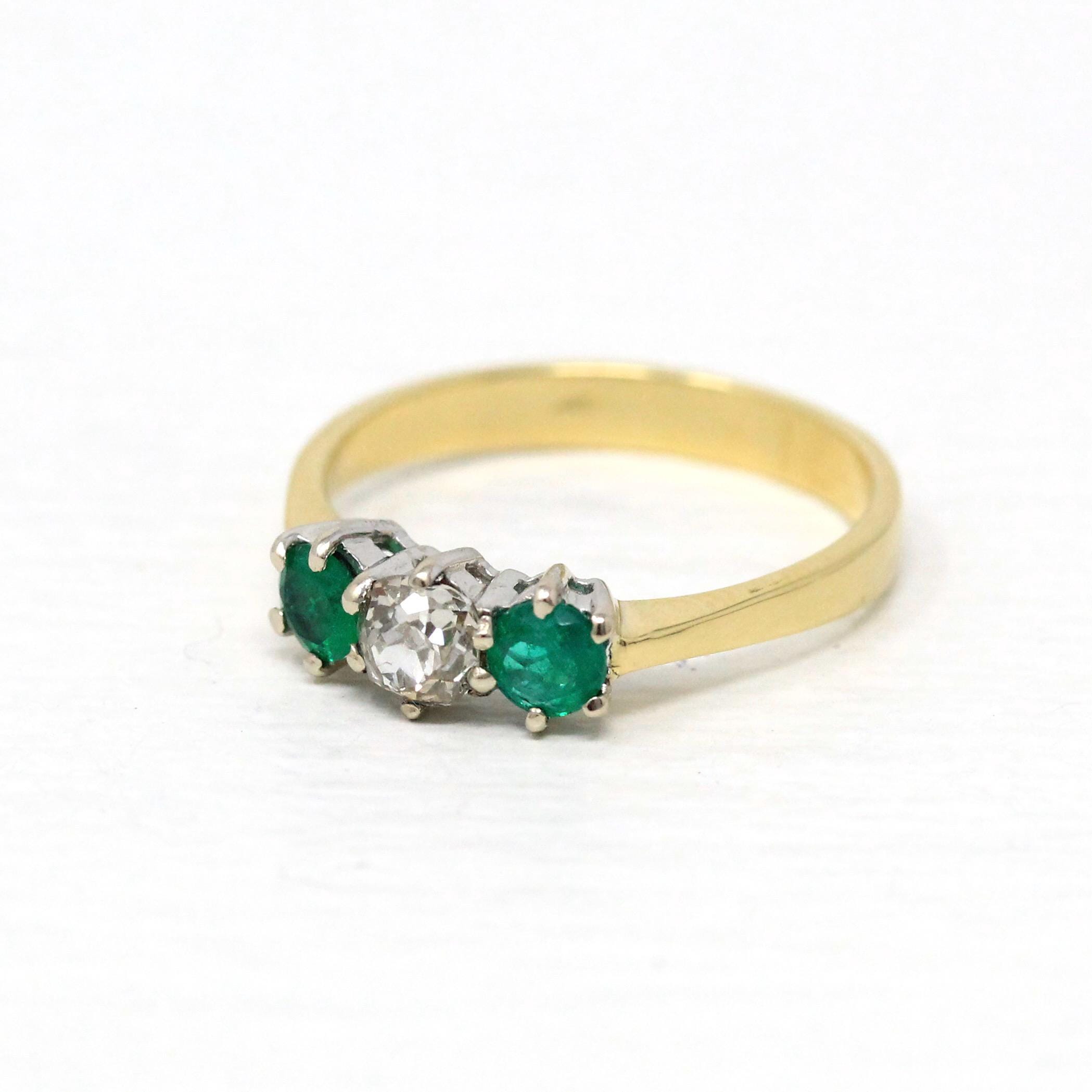 Emerald & Diamond Ring - Estate 18k Yellow and White Gold Three Gemstones - Modern 2000s Old Mine Cut Size 6 1/2 May Birthstone Fine Jewelry