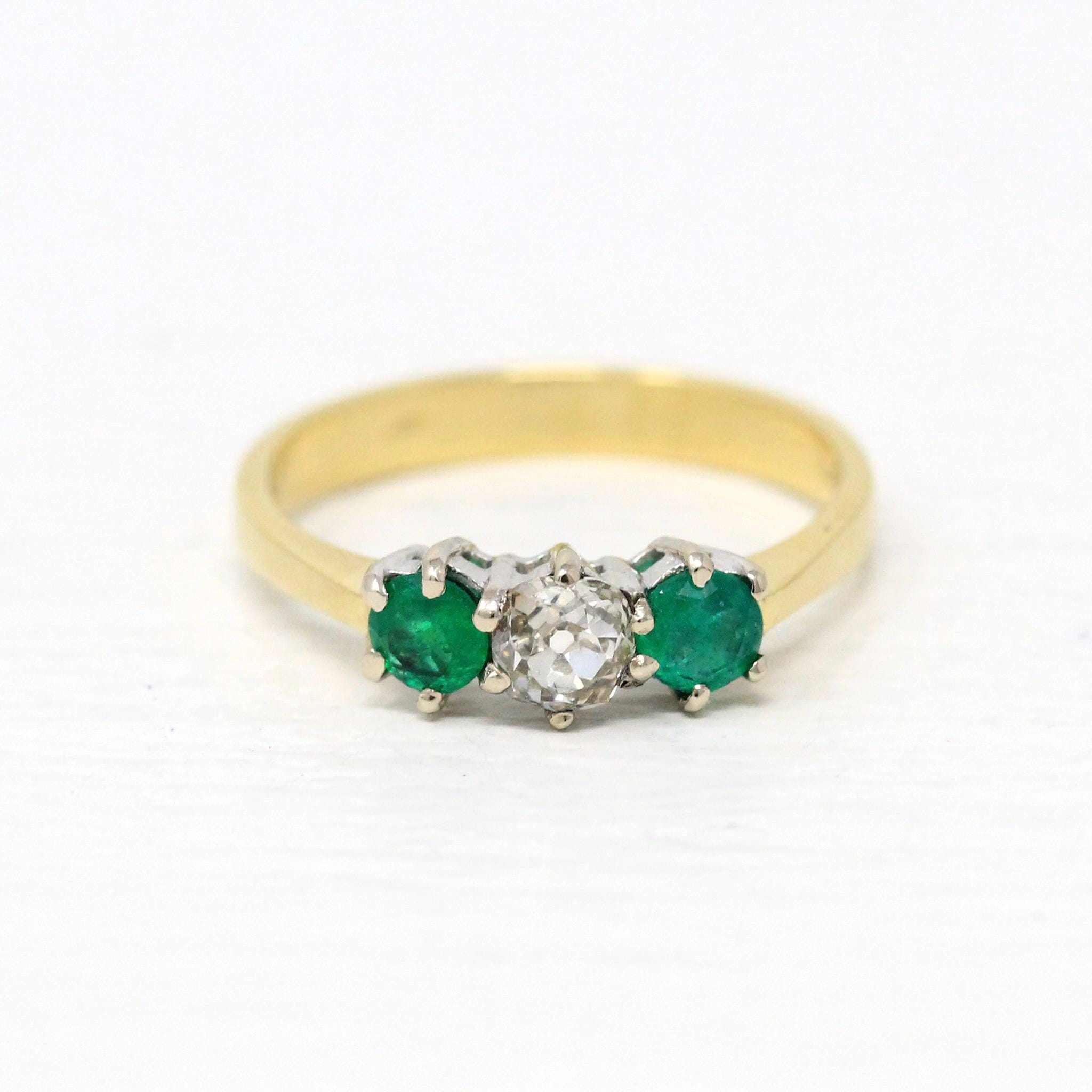 Emerald & Diamond Ring - Estate 18k Yellow and White Gold Three Gemstones - Modern 2000s Old Mine Cut Size 6 1/2 May Birthstone Fine Jewelry