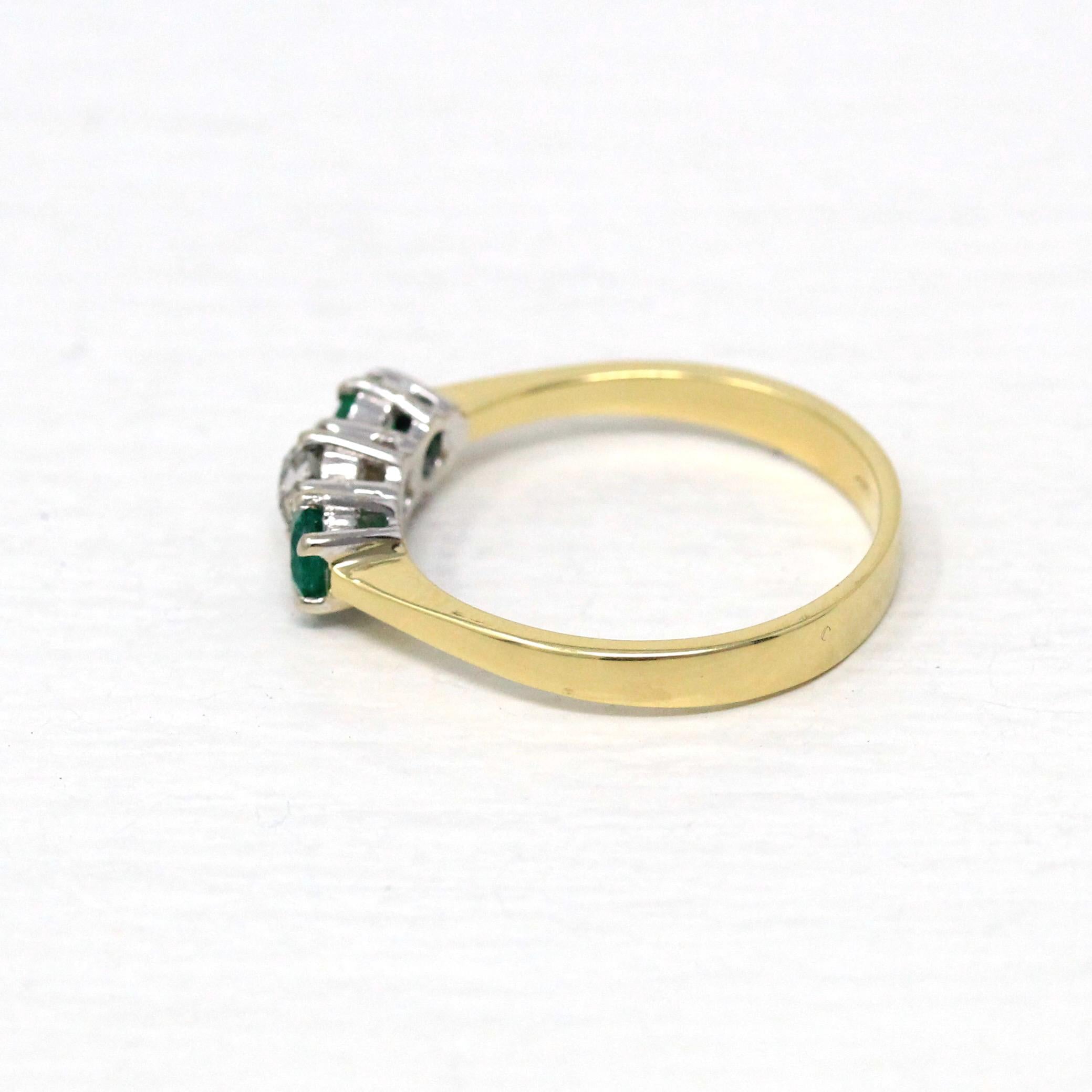 Emerald & Diamond Ring - Estate 18k Yellow and White Gold Three Gemstones - Modern 2000s Old Mine Cut Size 6 1/2 May Birthstone Fine Jewelry