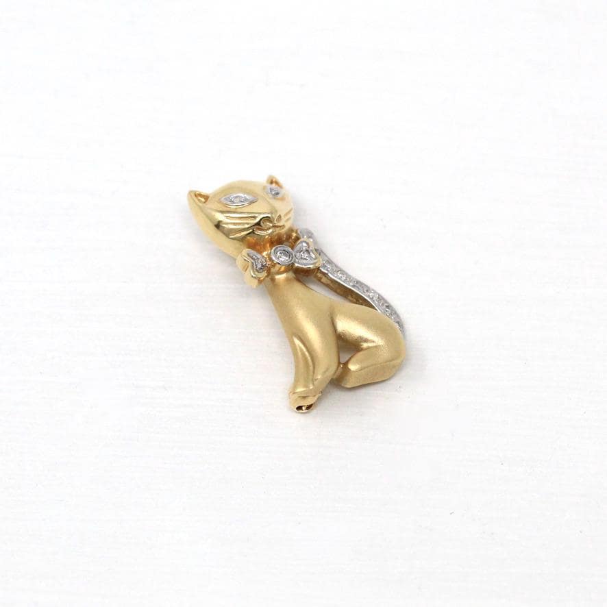 Diamond Cat Brooch - Estate 14k Yellow & White Gold Feline Pin - Modern Two Tone Circa 2000s April Birthstone Figural Animal Fine Jewelry