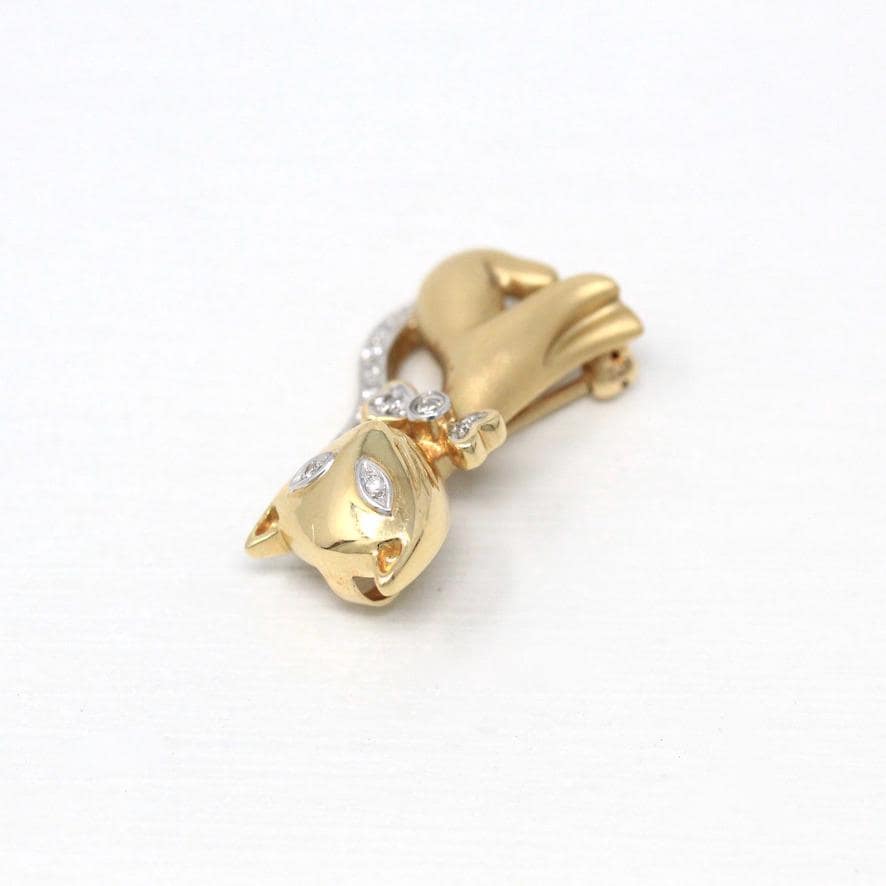 Diamond Cat Brooch - Estate 14k Yellow & White Gold Feline Pin - Modern Two Tone Circa 2000s April Birthstone Figural Animal Fine Jewelry