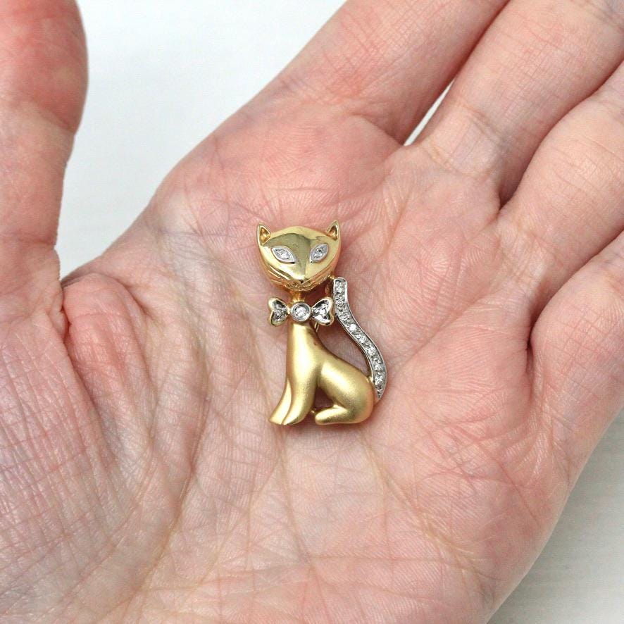 Diamond Cat Brooch - Estate 14k Yellow & White Gold Feline Pin - Modern Two Tone Circa 2000s April Birthstone Figural Animal Fine Jewelry