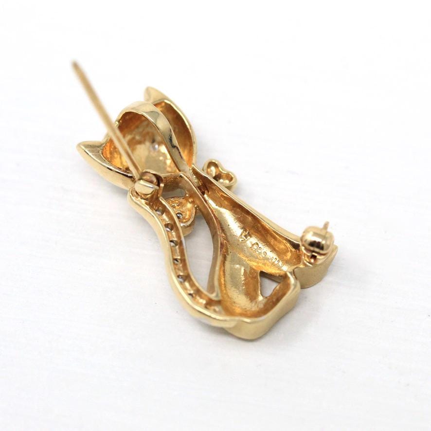 Diamond Cat Brooch - Estate 14k Yellow & White Gold Feline Pin - Modern Two Tone Circa 2000s April Birthstone Figural Animal Fine Jewelry