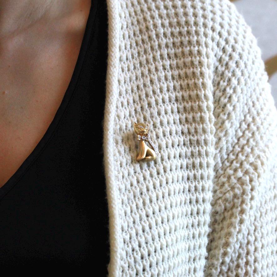 Diamond Cat Brooch - Estate 14k Yellow & White Gold Feline Pin - Modern Two Tone Circa 2000s April Birthstone Figural Animal Fine Jewelry