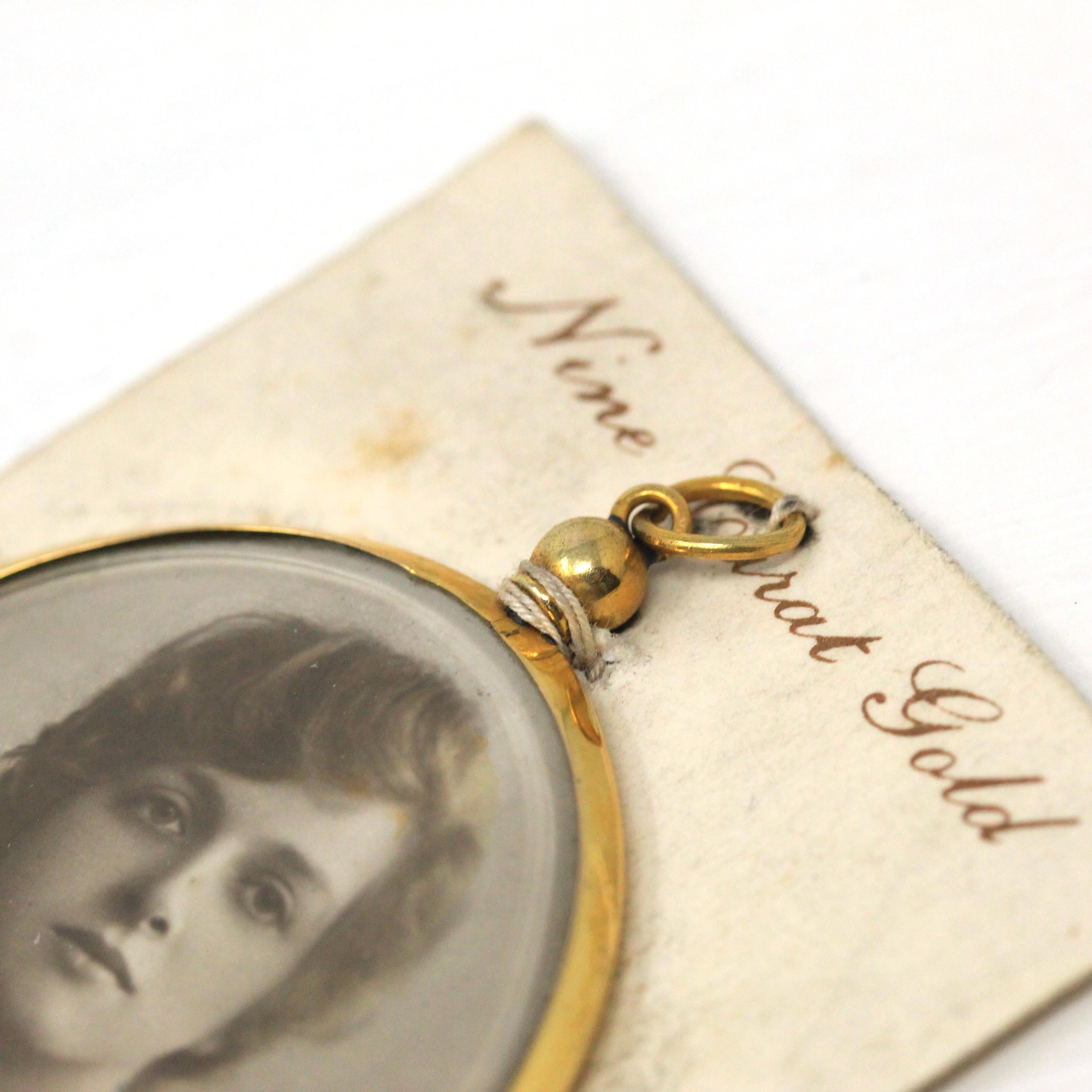 Antique Locket Fob - Edwardian Era 9K Yellow Gold Oval Glass Pendant Necklace - Vintage Memory Photo Portrait Keepsake Charm Fine Jewelry