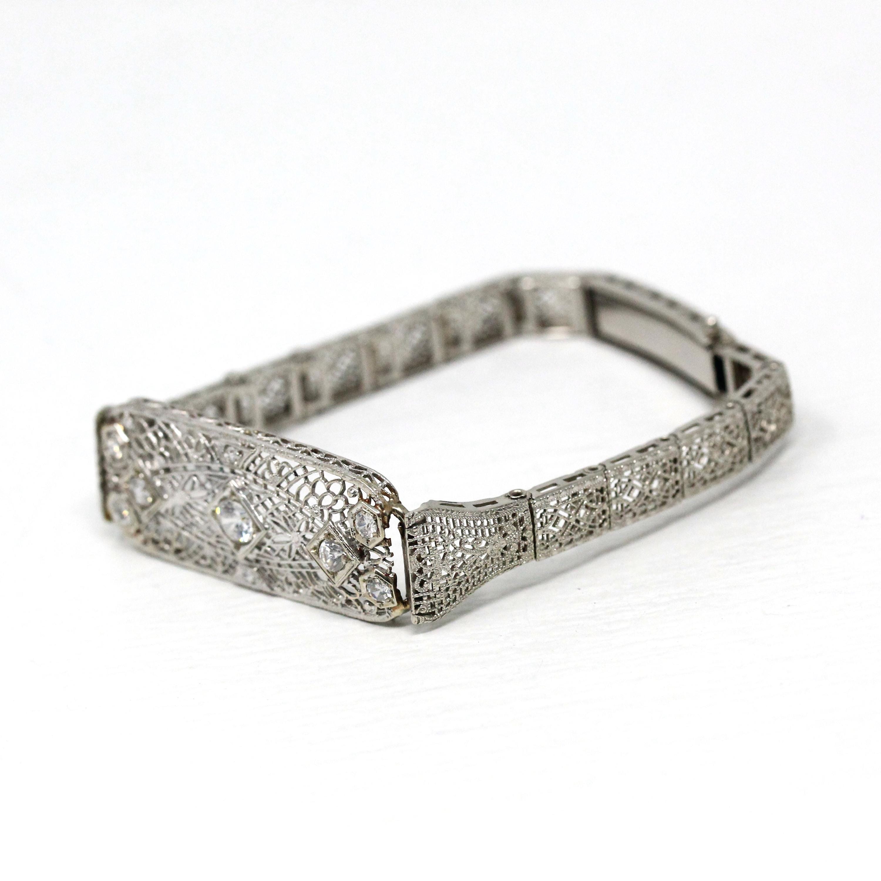 Art Deco Bracelet - Vintage 10k White Gold Filigree Diamond & Cubic Zirconia - Circa 1930s Era Wedding Floral Filigree Panels Fine Jewelry