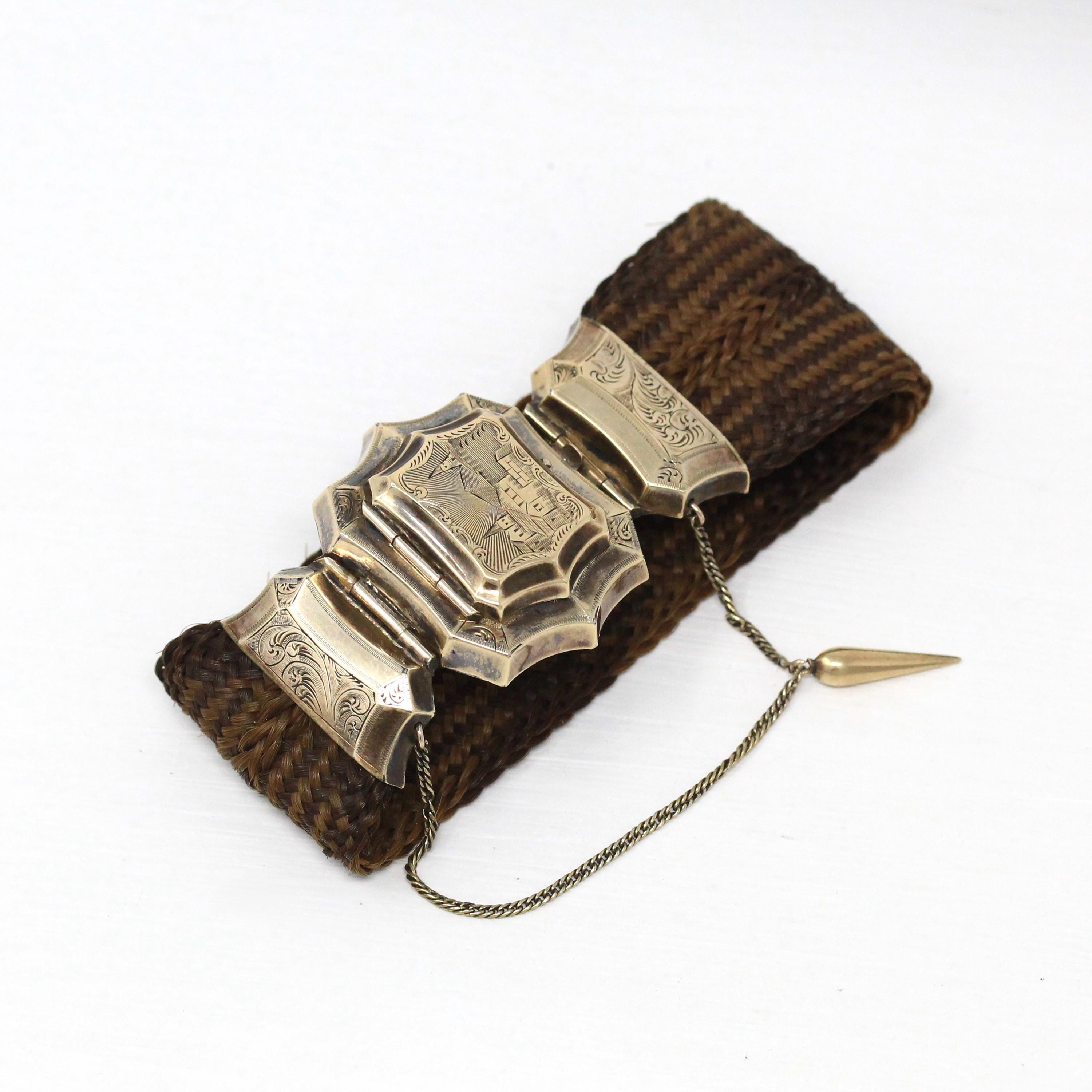 Victorian Hair Bracelet - Antique 10k Gold Woven Photo Keepsake Locket - 1800s 19th Century Statement Mourning Engraved "EM" Fine Jewelry