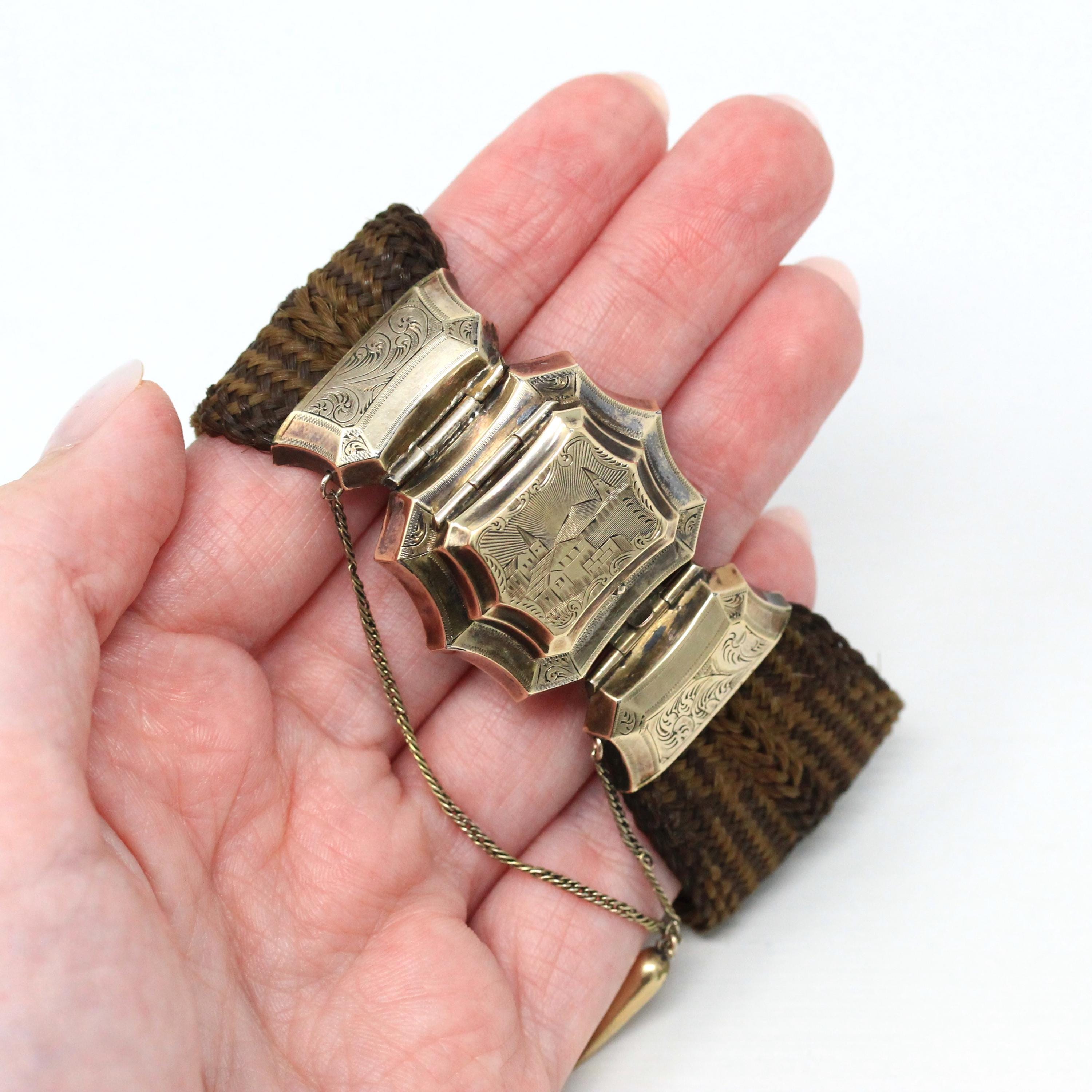 Victorian Hair Bracelet - Antique 10k Gold Woven Photo Keepsake Locket - 1800s 19th Century Statement Mourning Engraved "EM" Fine Jewelry